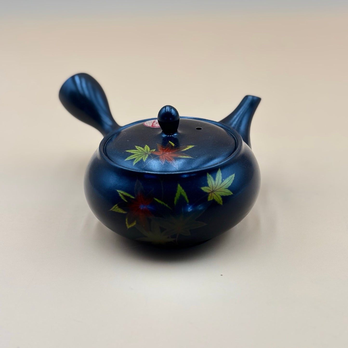 Vintage Komaru Kiln Tokoname Kyusu Teapot — Black Ceramic with Maple Leaf Design