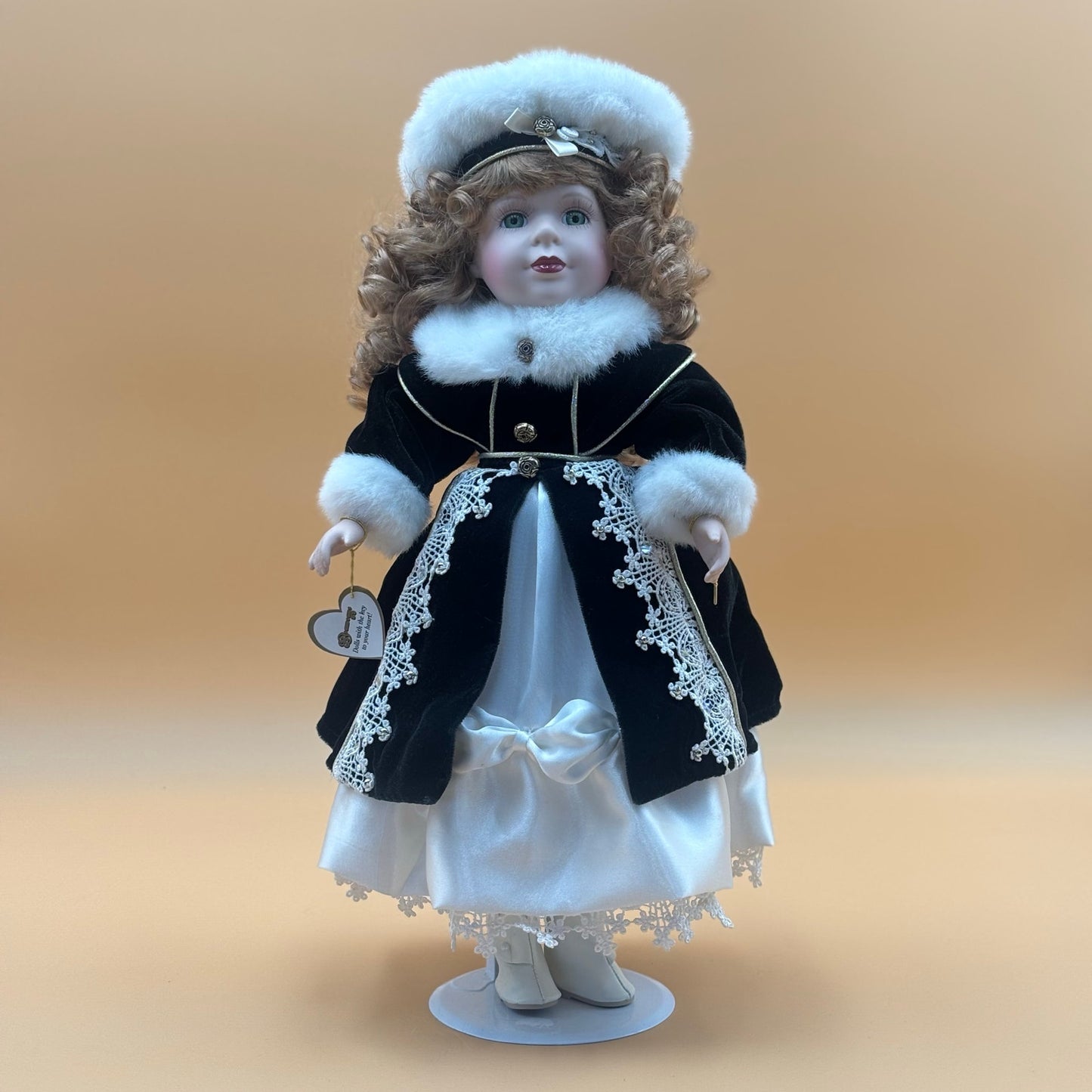 Key to Your Heart Porcelain Doll – Victorian Velvet & Lace Coat with Gold Key