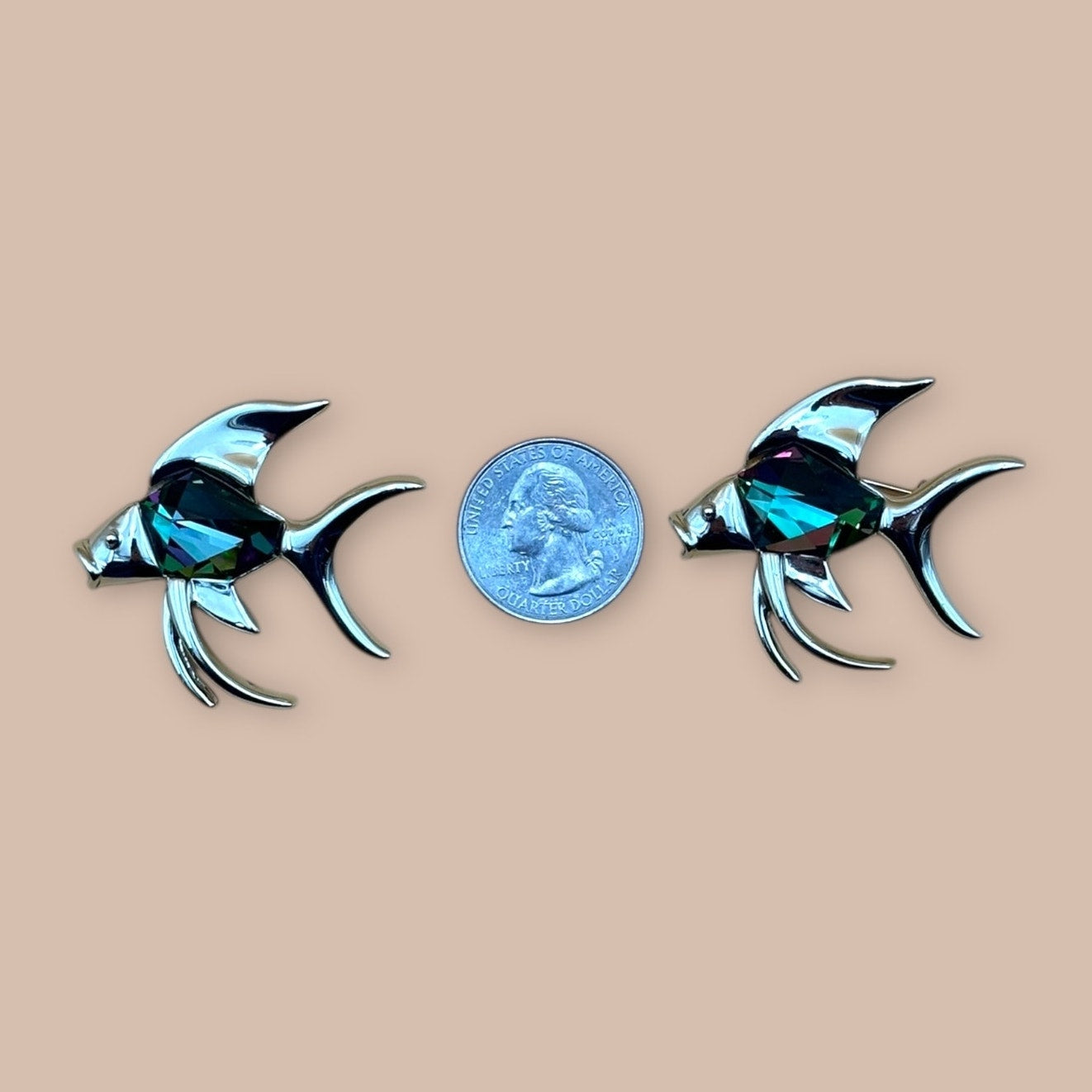 Vintage Sarah Coventry Goldtone Fish Pins (Pair, Watermelon Stones)