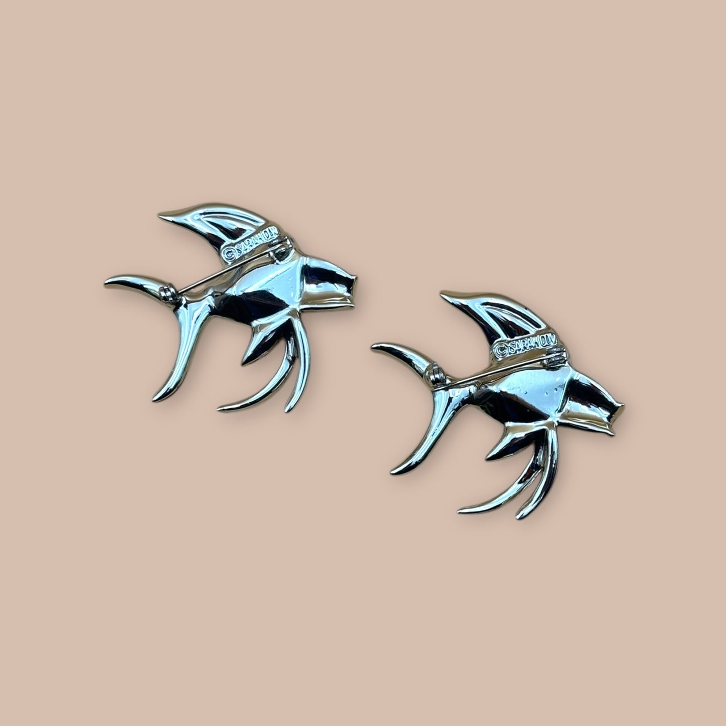 Vintage Sarah Coventry Goldtone Fish Pins (Pair, Watermelon Stones)