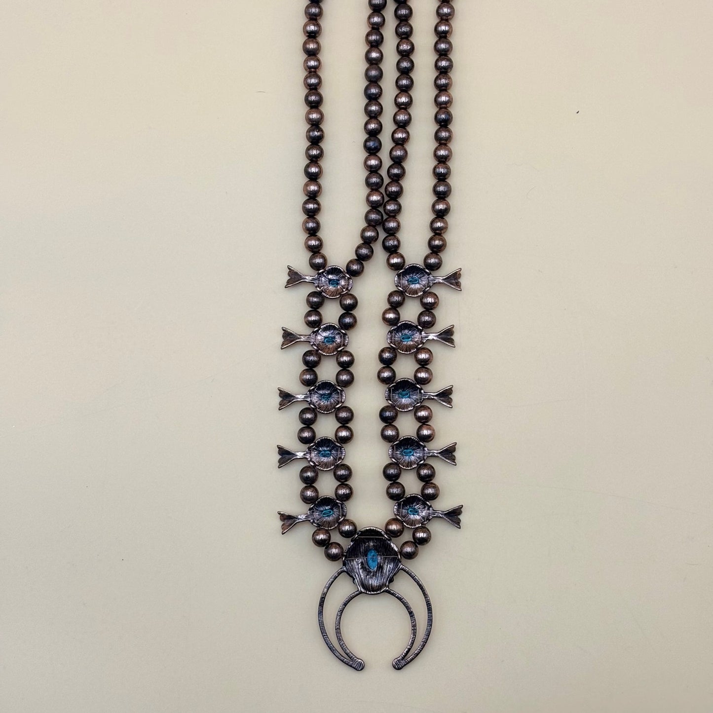 Boho Faux Turquoise Squash Blossom Necklace Copper-Tone Western Statement