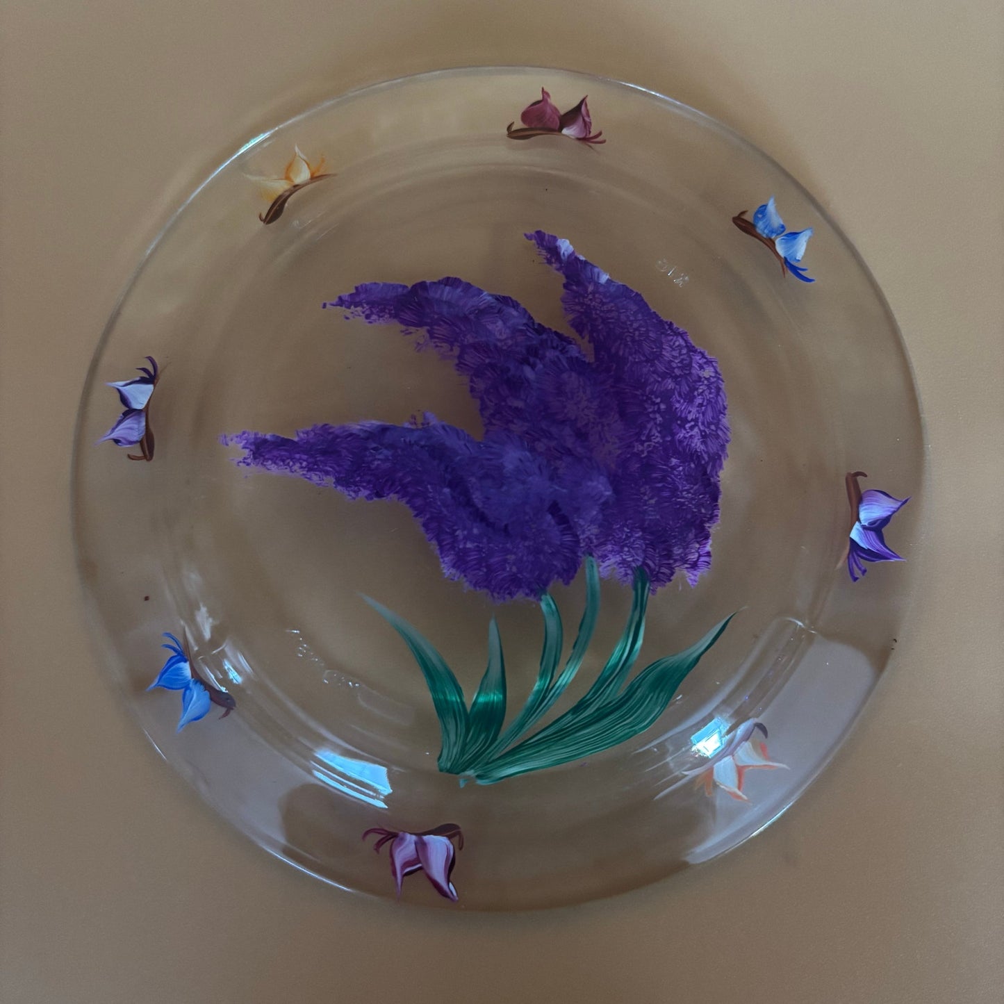 Handpainted Glass Plate - Purple Flowers & Butterflies - Malaysia