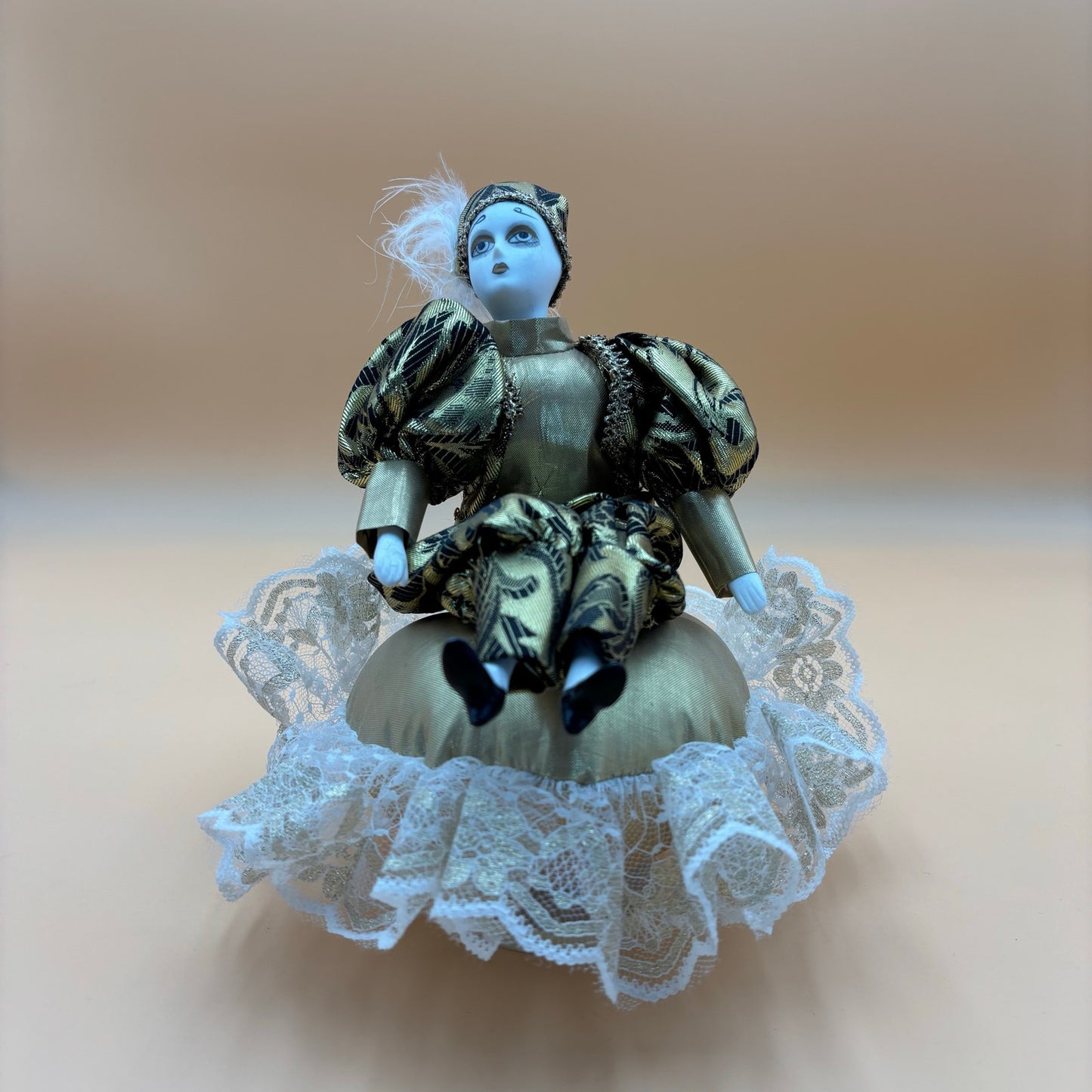 Gold & Black Porcelain Clown Musical Rotating Doll