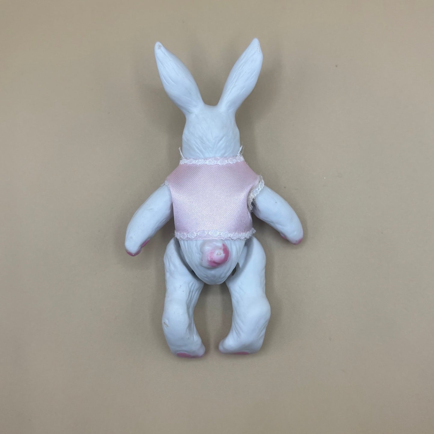 Vintage White Porcelain Jointed 4.5" Bunny Figurine with Pink Vest