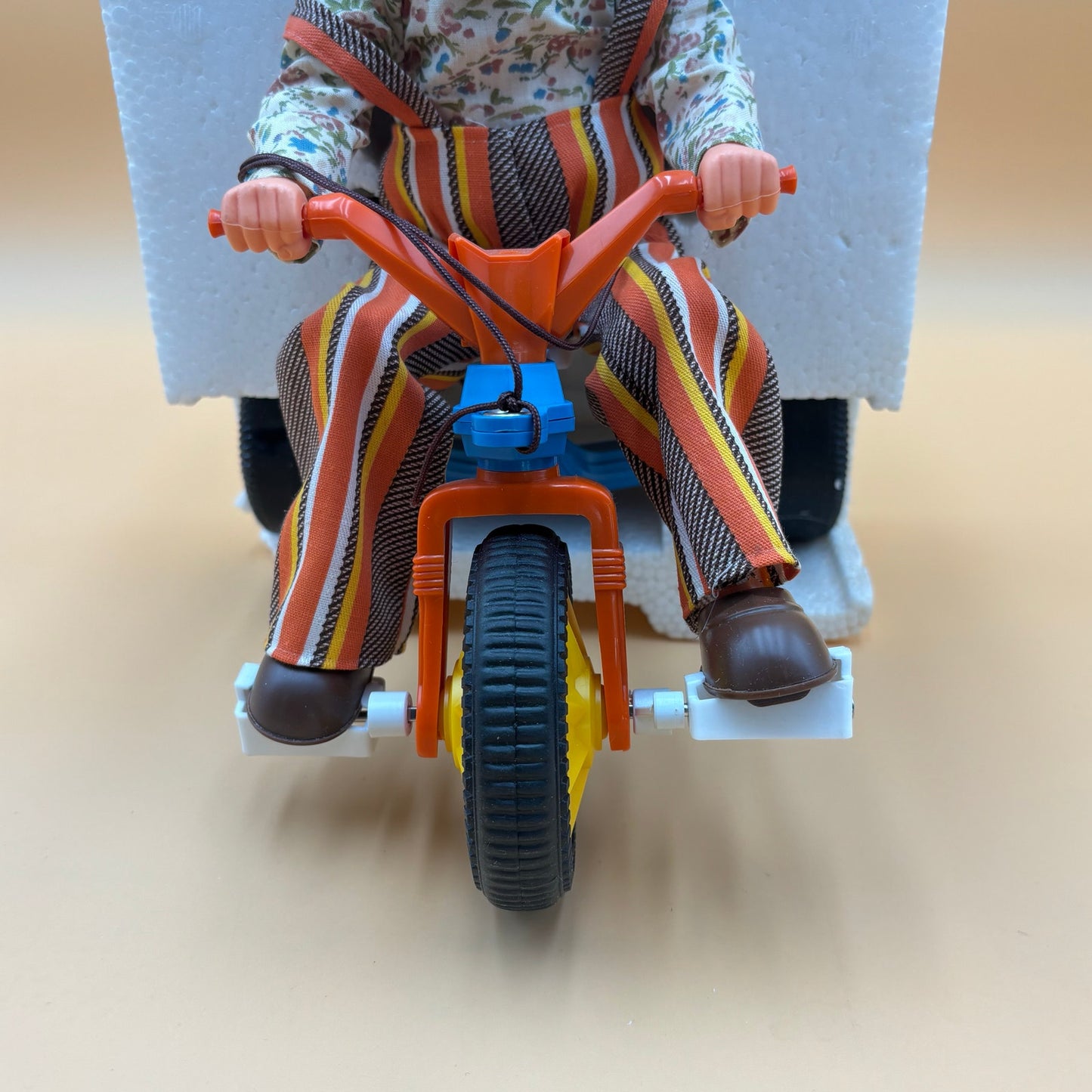 Vintage 1978 Playmates Pull Toy – Tricycle Doll with Striped Overalls