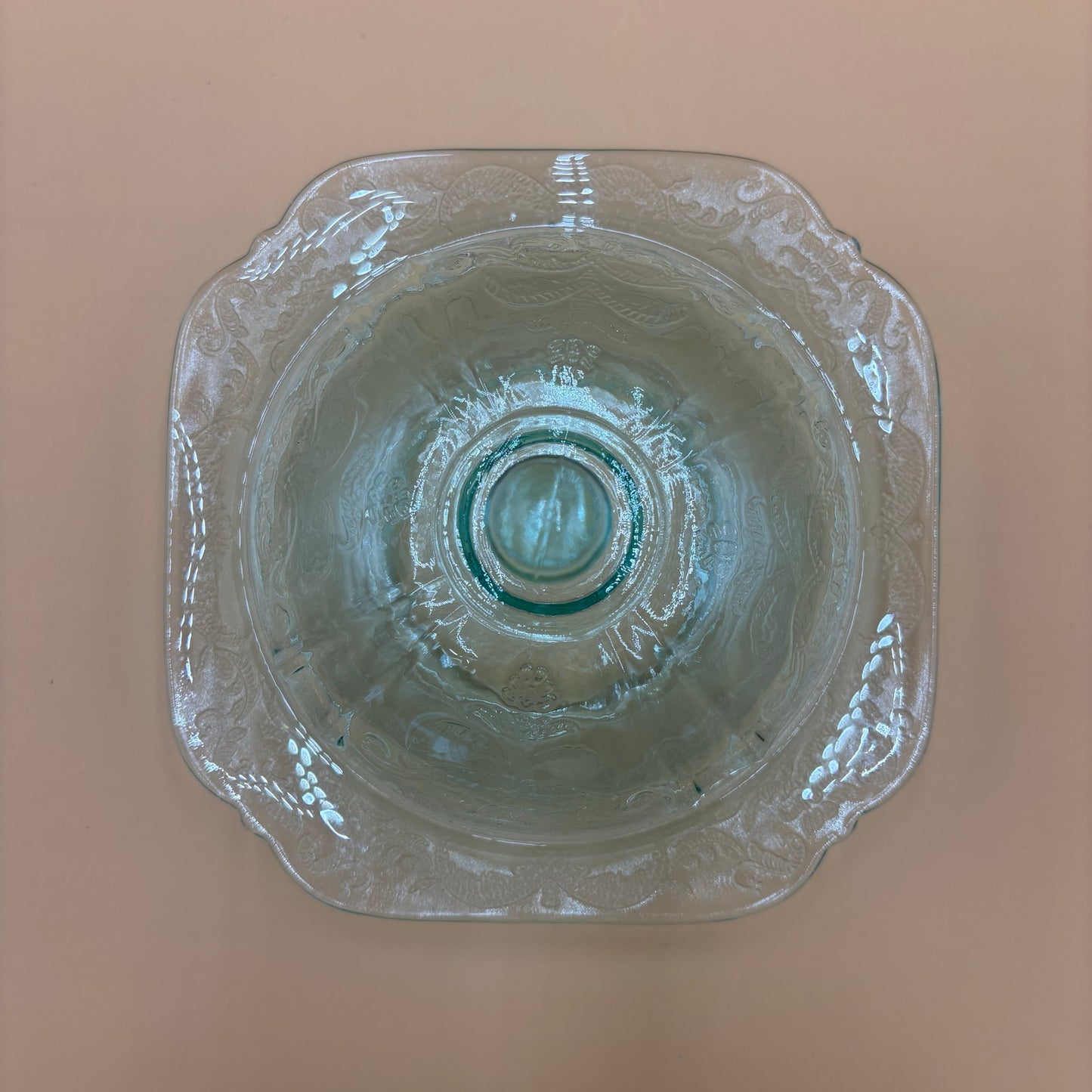 Depression Glass Butter Dish – Aqua Blue Etched Dome with Square Base