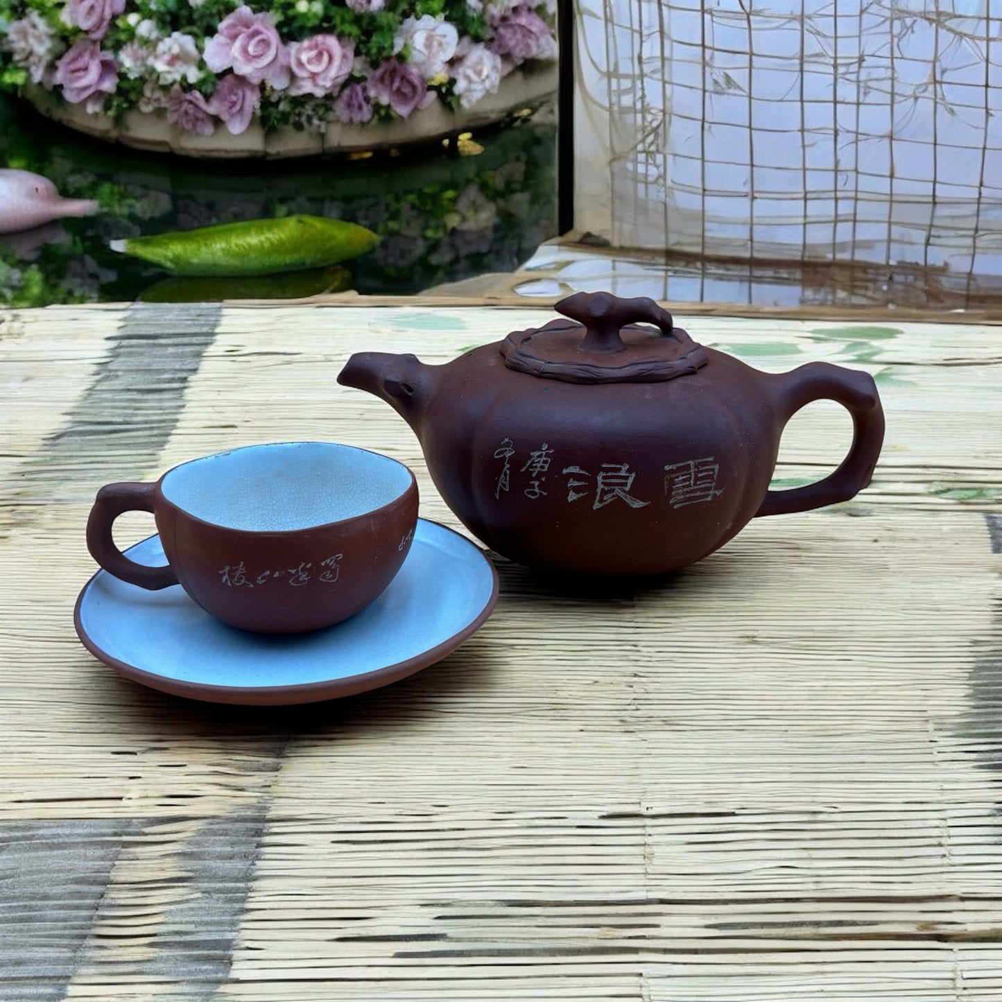 Antique Chinese Yixing-Style Red Clay Teapot Set – 4 Fair Cups & 4 Saucers with Etched Characters