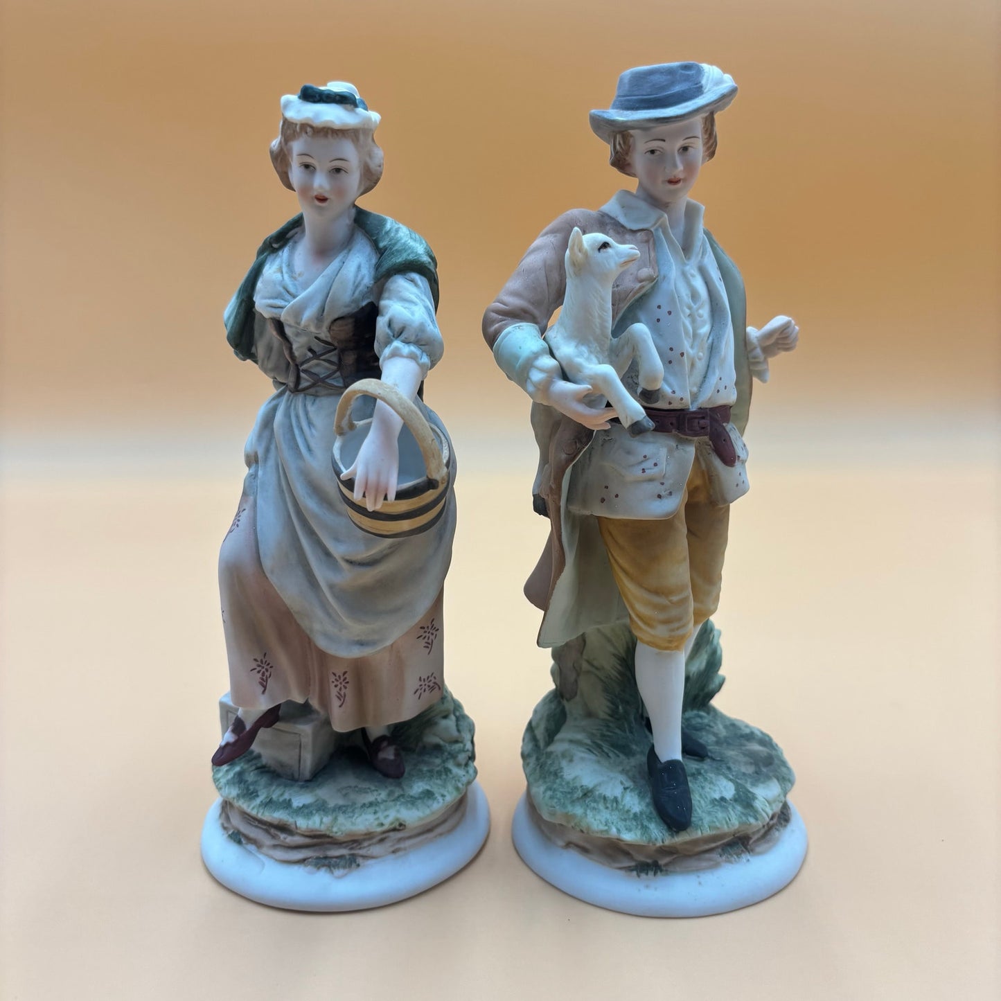 Lefton China KW3843 Hand-Painted Figurine Pair – Basket & Lamb Theme