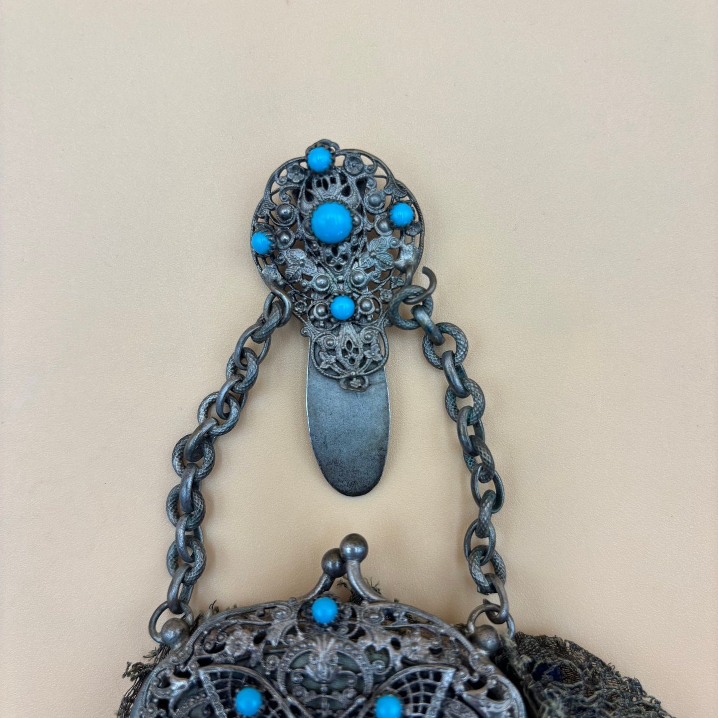 Antique Clip-On Purse with Mirror – Olive Green Lace & Blue Cloth Lining