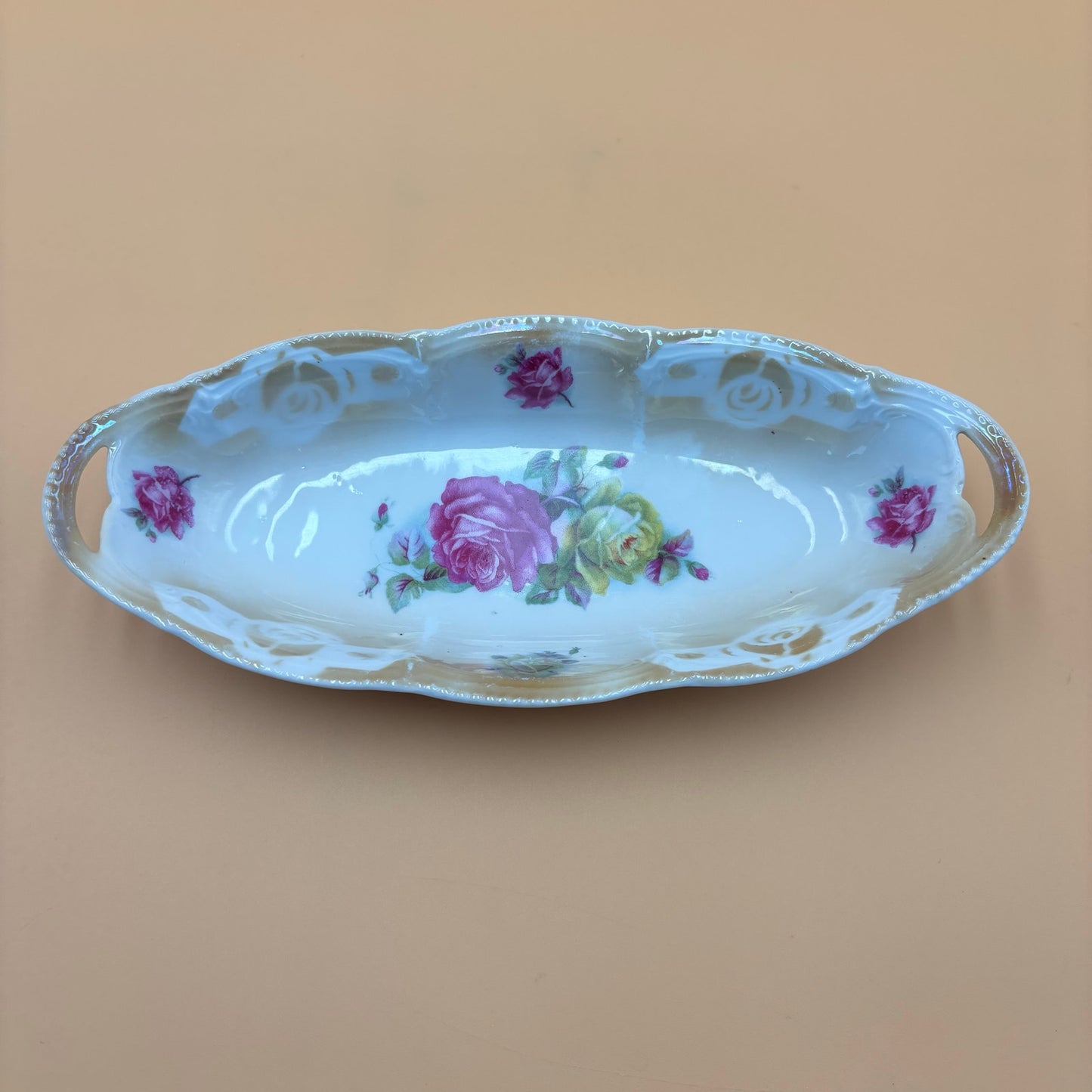 Vintage Made in Germany Porcelain Oval Dish – Pink & Yellow Roses with Handles