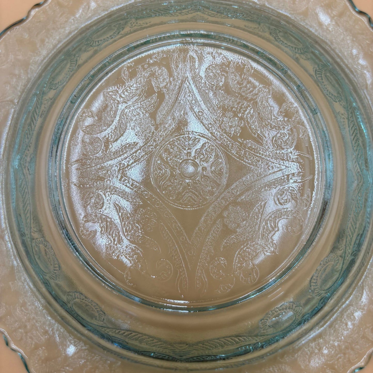 Depression Glass Butter Dish – Aqua Blue Etched Dome with Square Base