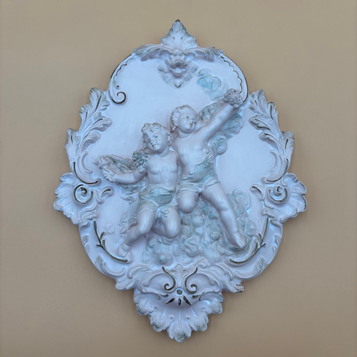 Pair of Alexander Backer Cherub Wall Plaques – Gilded Scrolls & Pastel Detail