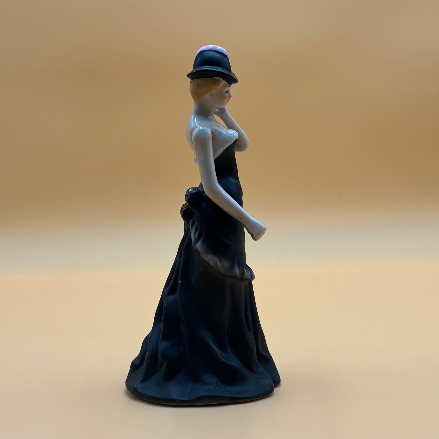 Vintage Porcelain Elegant Lady Figurine in Black Dress with Hat
