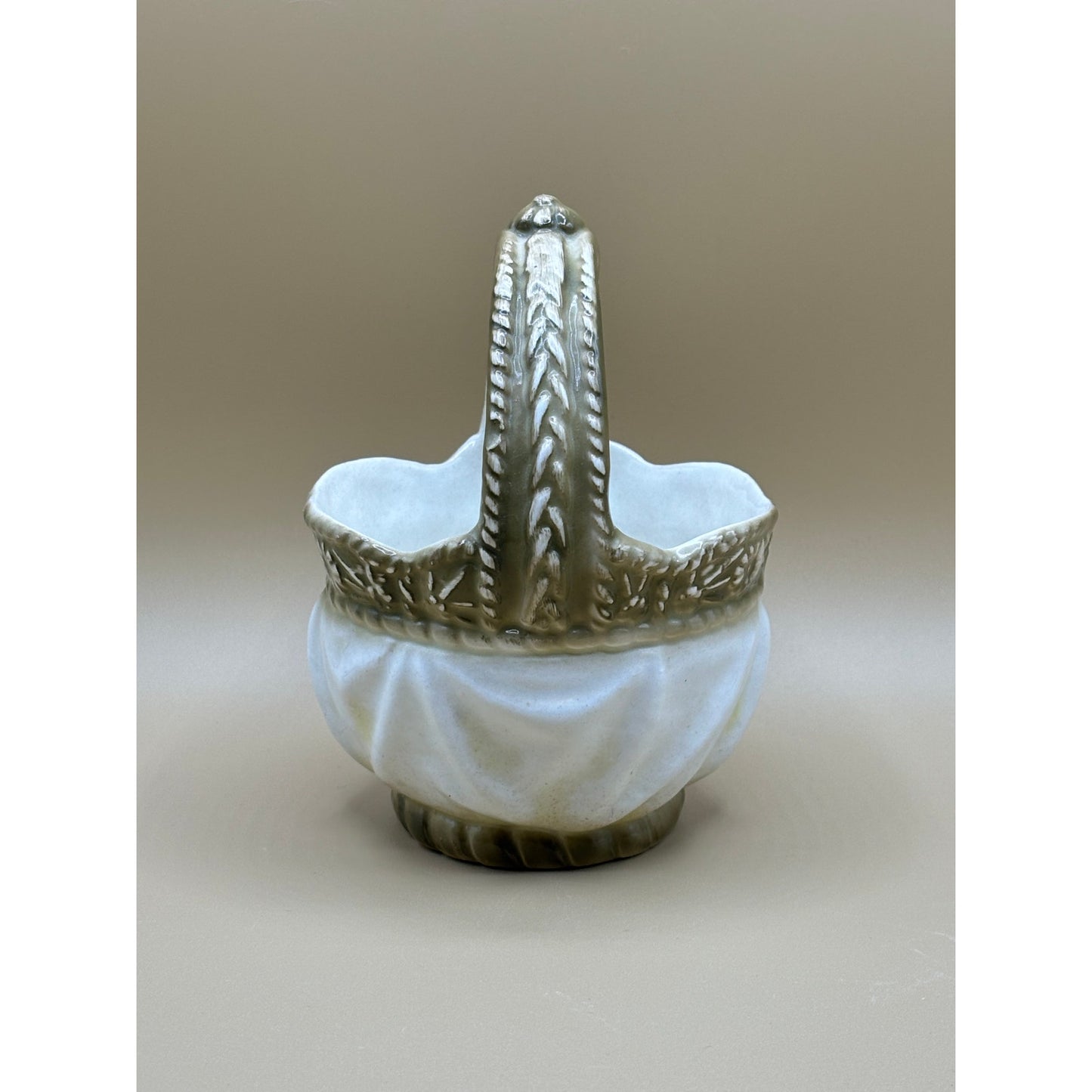 Vintage Porcelain Green and White Basket w/ Handle - Made in Czechoslovakia