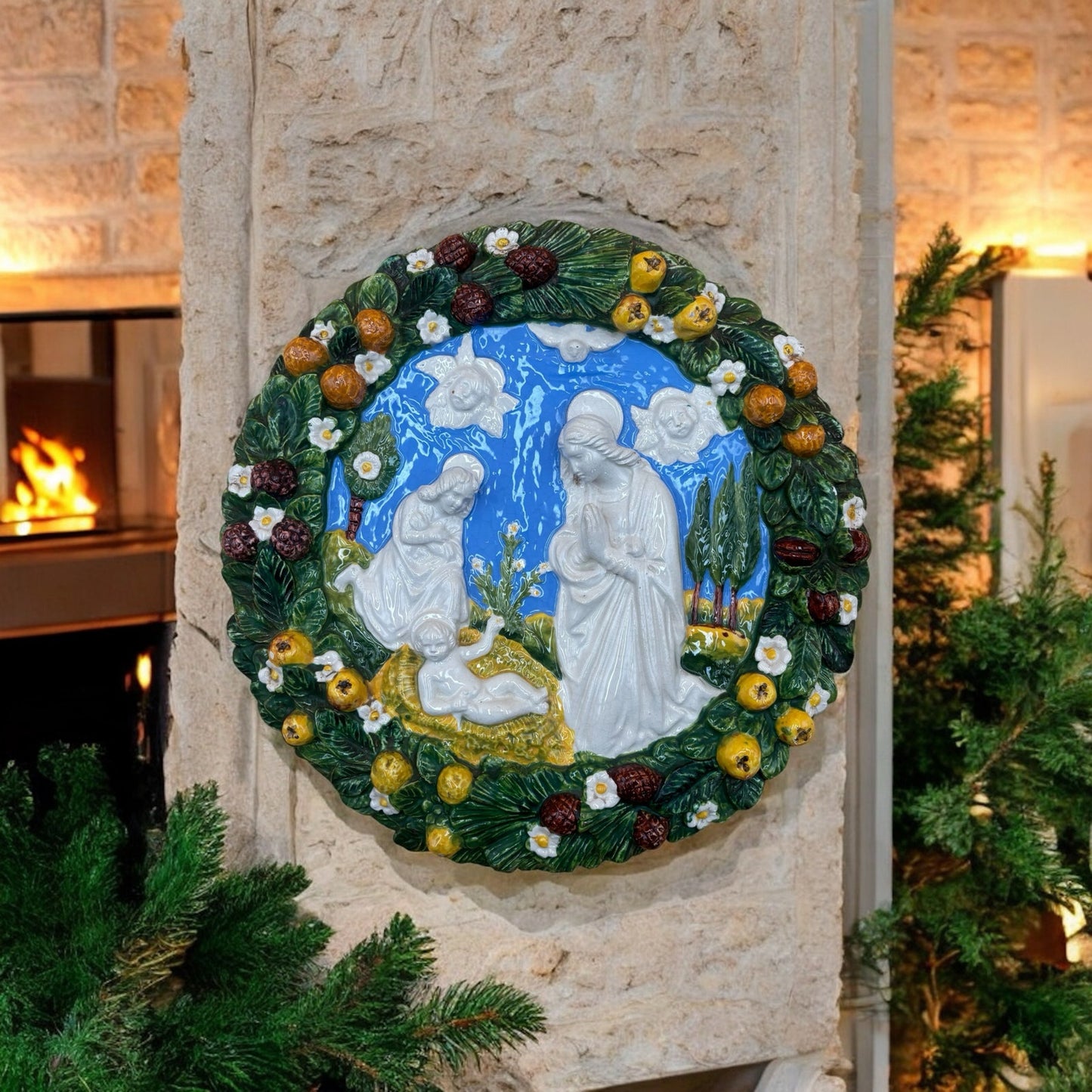 Vintage Carbone Italy Ceramic Nativity Wall Plaque – Hand-Painted, 14 3/8”