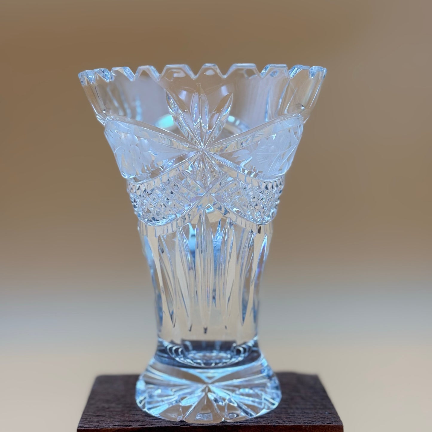 Cut Glass Vase with Scalloped Rim and Starburst Base