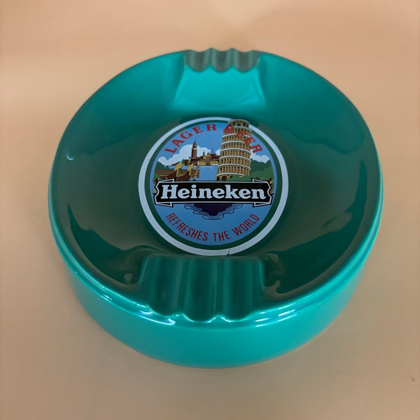 Vintage Heineken Lager Beer Green Glass Ashtray – 7.5” x 9” Heavy Pub Tray