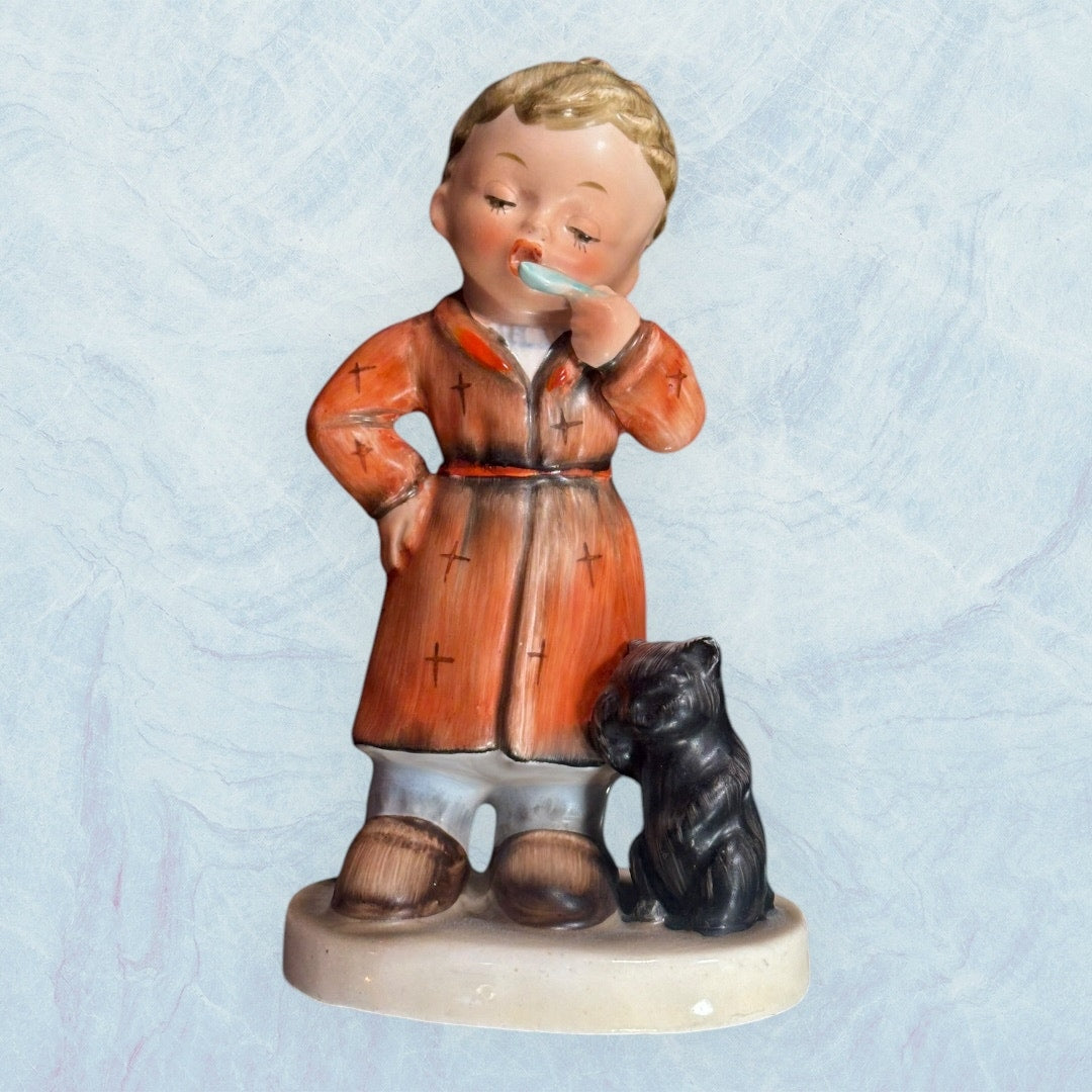 Hummel Style Bedtime Figurine AH1B NAPCO - Boy Brushing Teeth with Cat in Robe