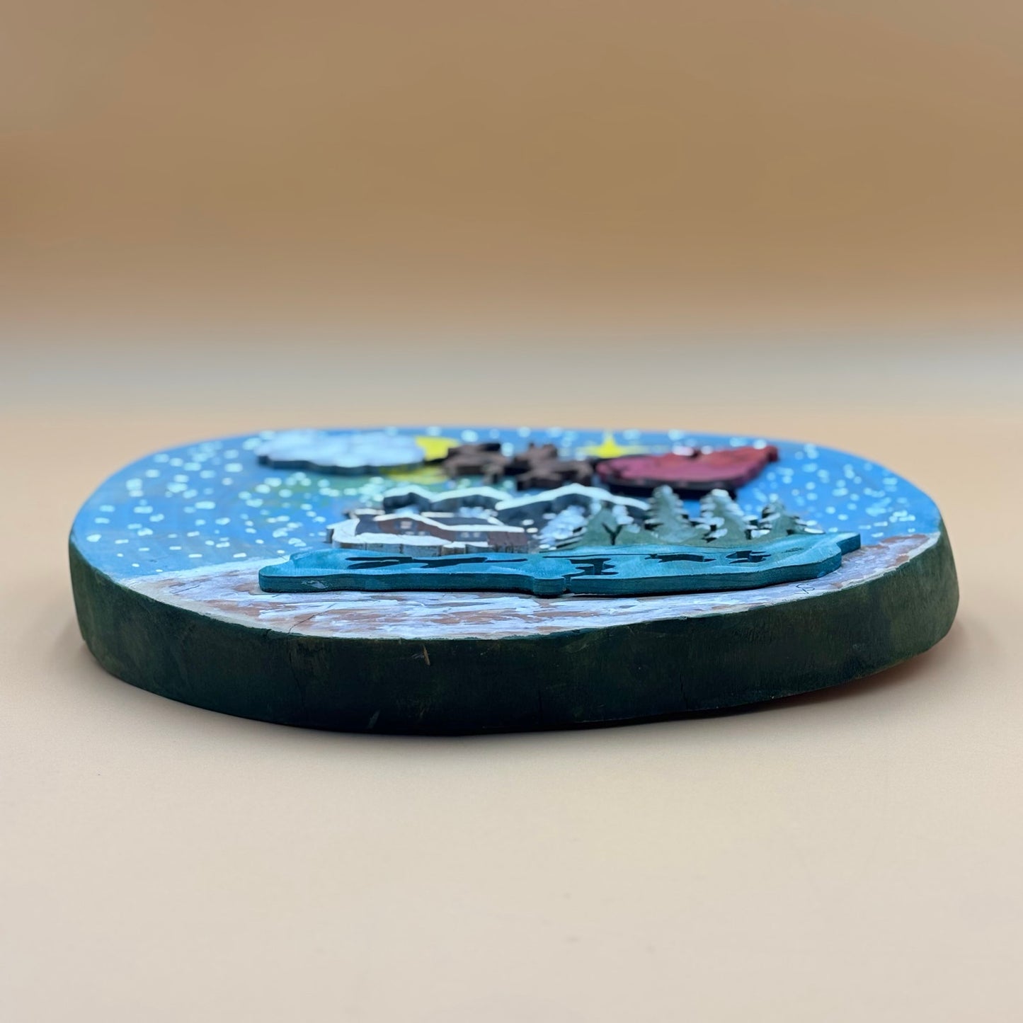 Handmade Painted Wood Slice Christmas Wall Hanging – Cabin & Sleigh Scene