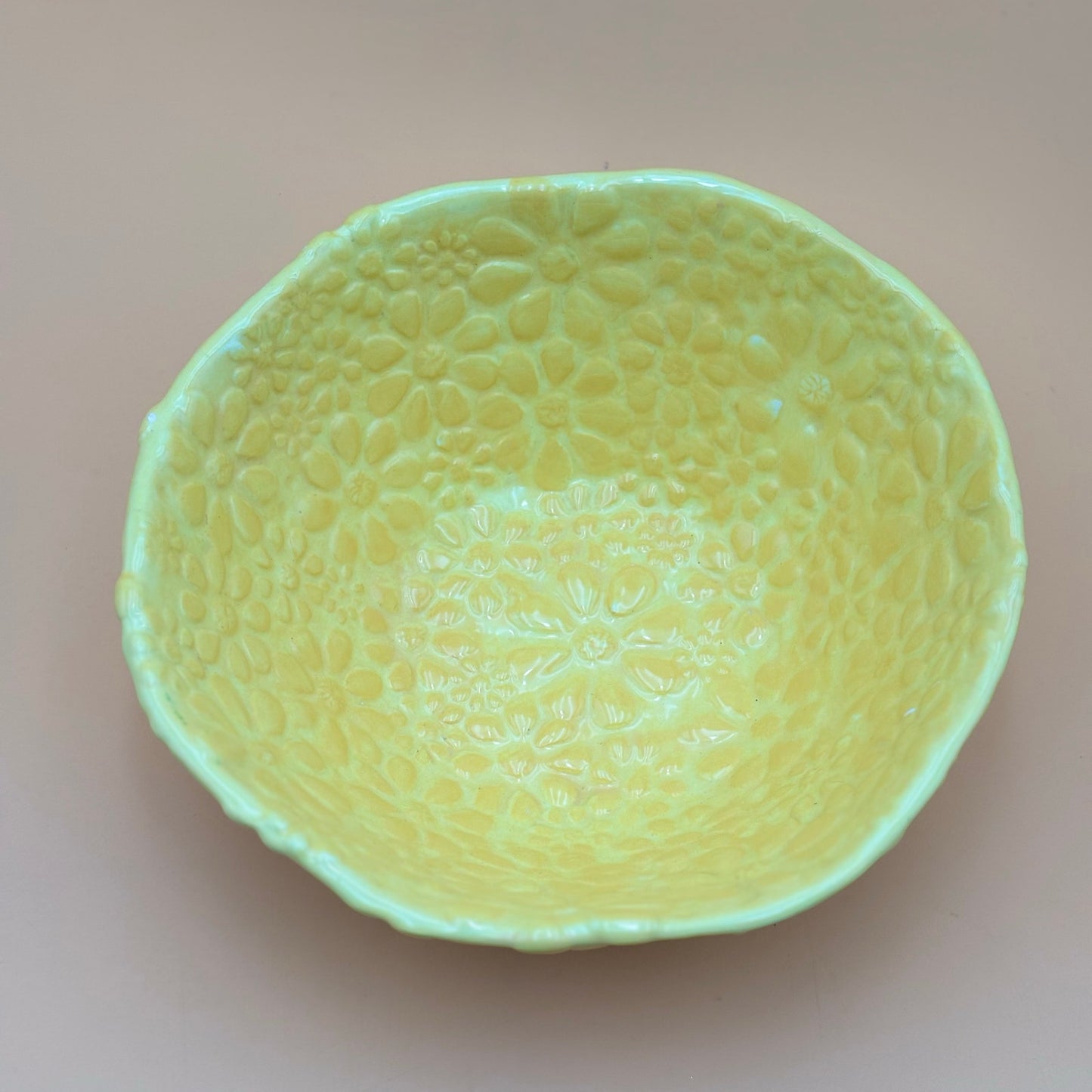 Handmade Bright Cheerful Yellow Pottery Bowl with Embossed Floral Design