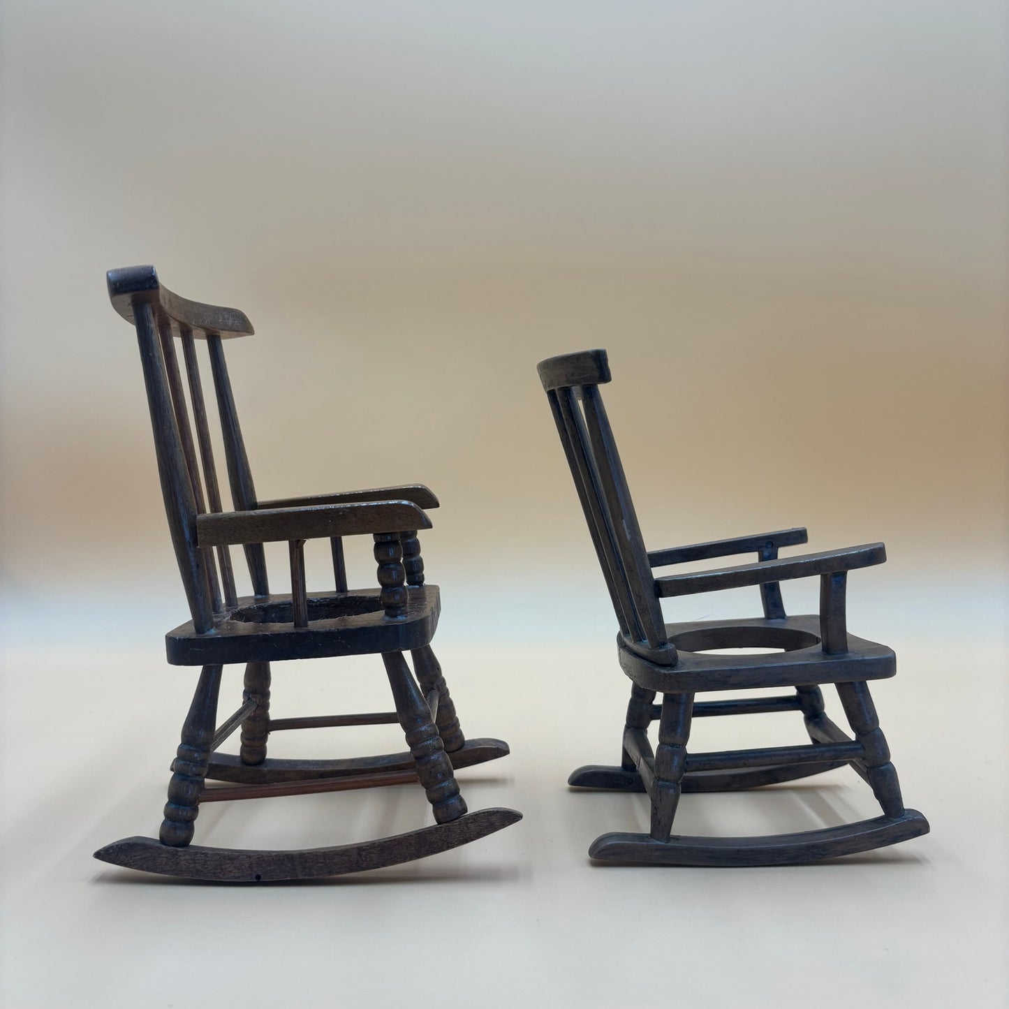 Set of 2 Vintage Wooden Rocking Chair Planters - Medium Brown Finish