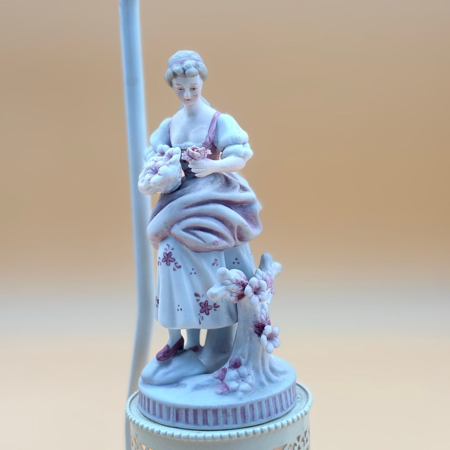 Pair of Vintage Porcelain Figural Lamps with Lighted Bases – Man & Woman with Cherry Blossoms – 17.5” Tall