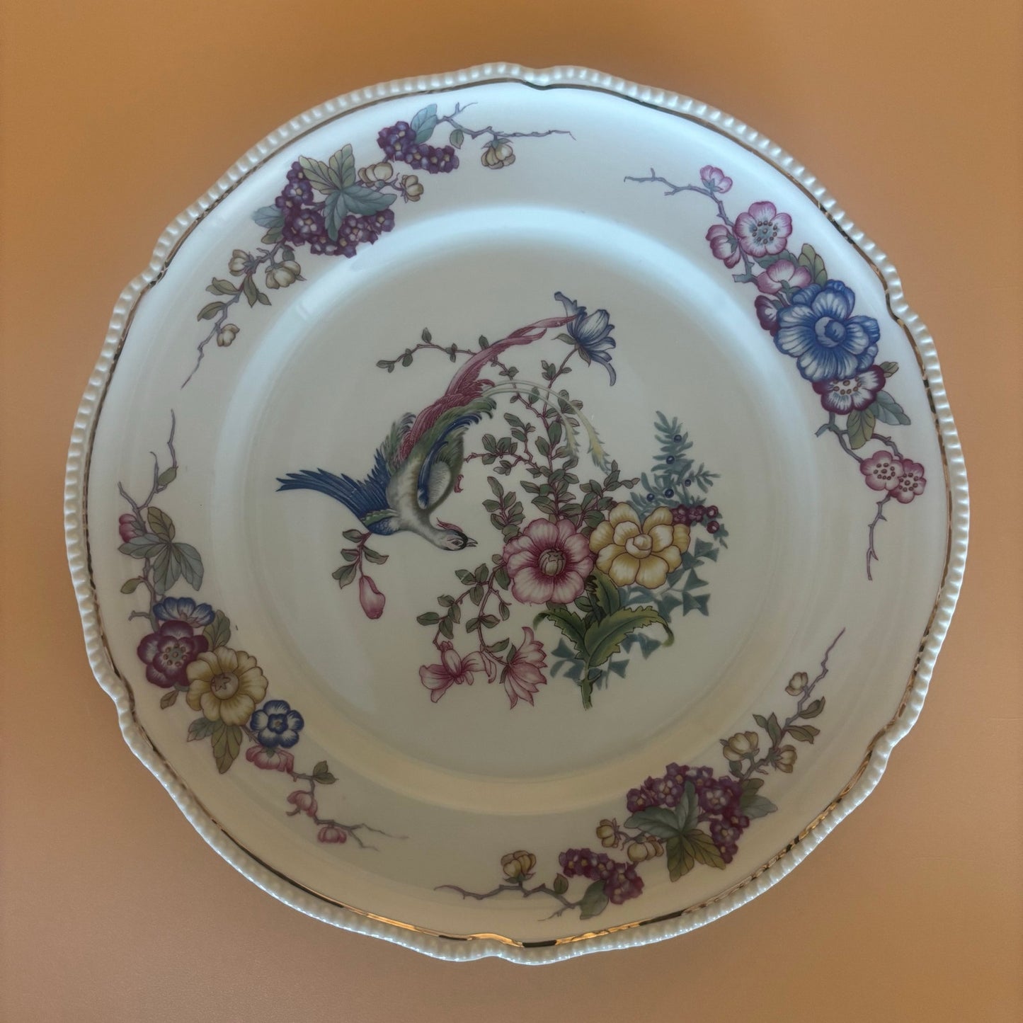 Rosenthal Continental Phoenix Plates – 1 Dinner (9¼″) + 6 Salad (6¼″) – Bird & Floral with Beaded Rim