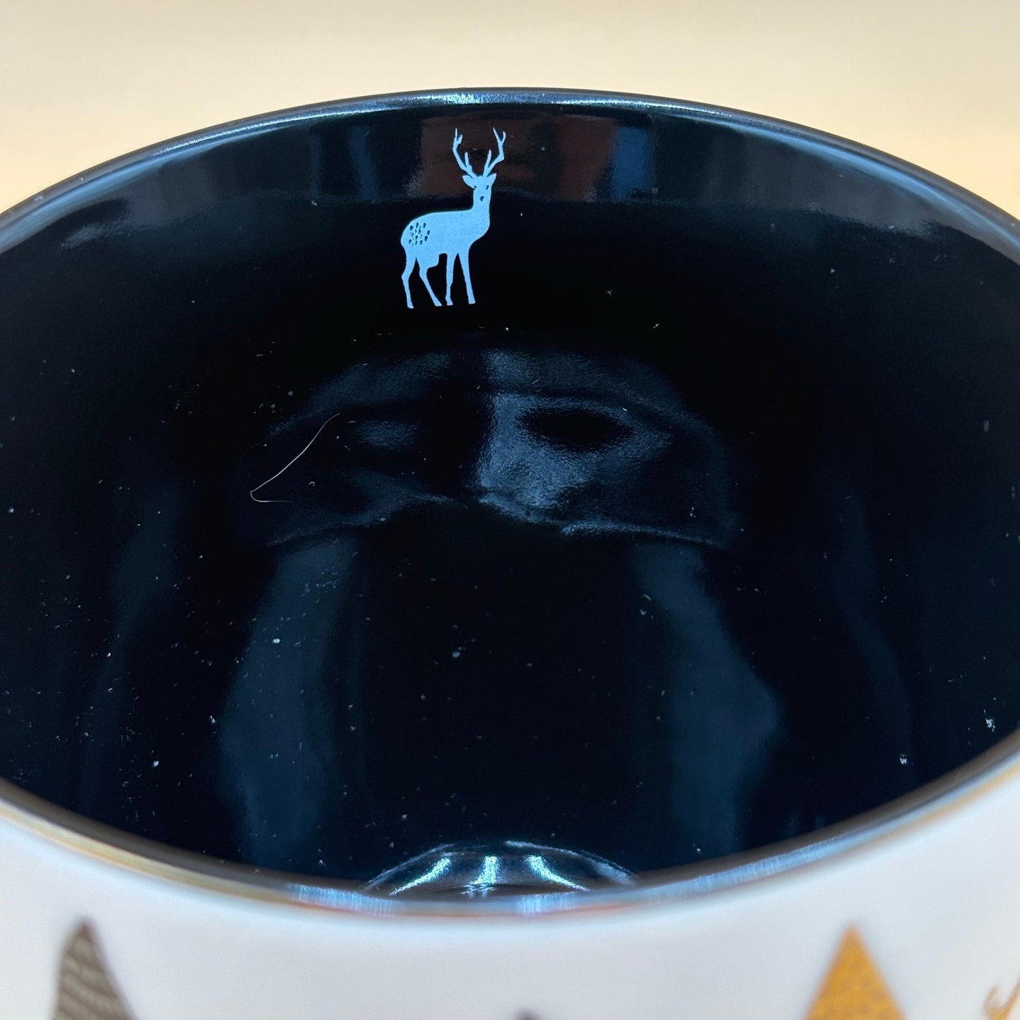 Vintage Holiday Latte Mug – Gold Pine Trees & Deer – 18oz Morris National