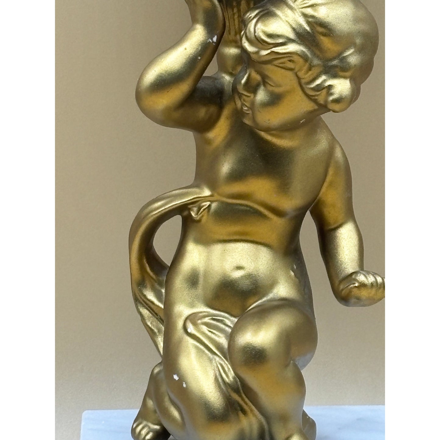 Vintage Metal, Gold Cherub Candle Holder with Marble Base 7.5 Inches Tall