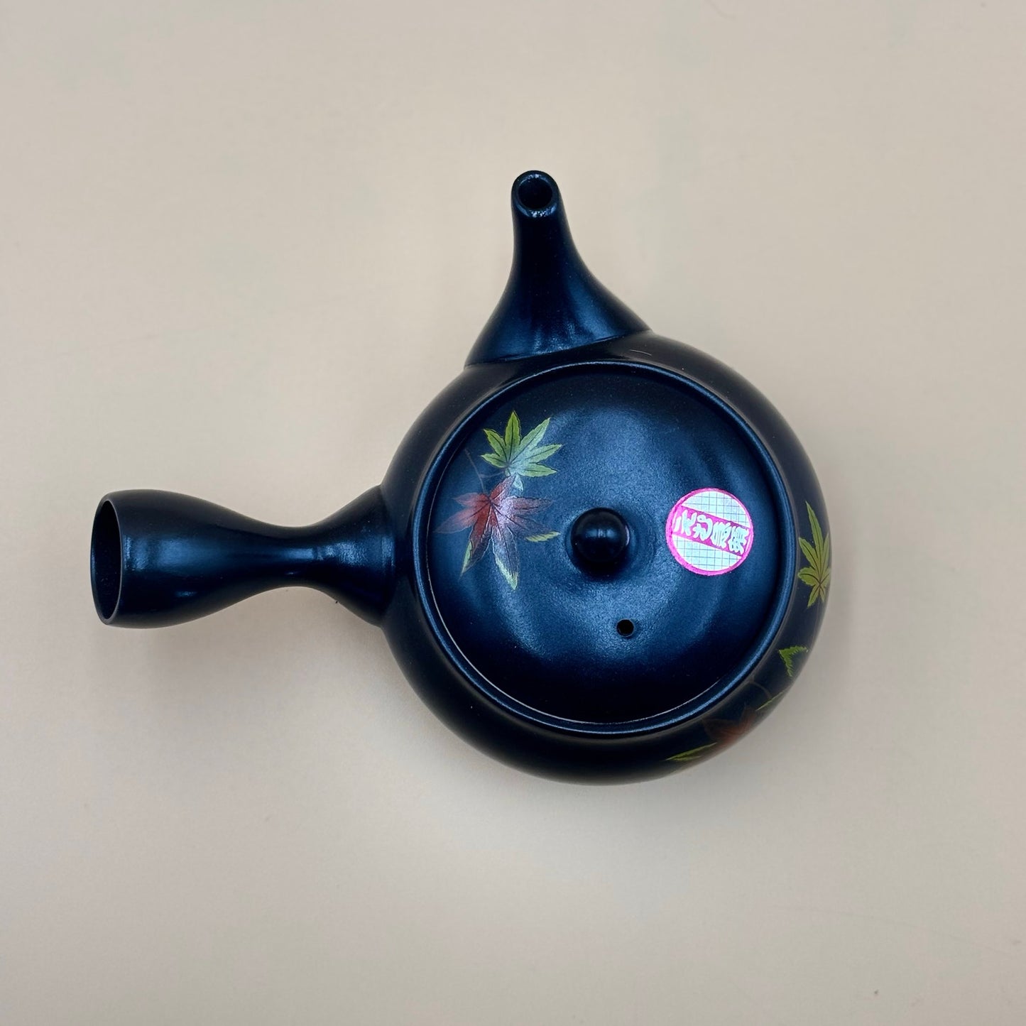 Vintage Komaru Kiln Tokoname Kyusu Teapot — Black Ceramic with Maple Leaf Design