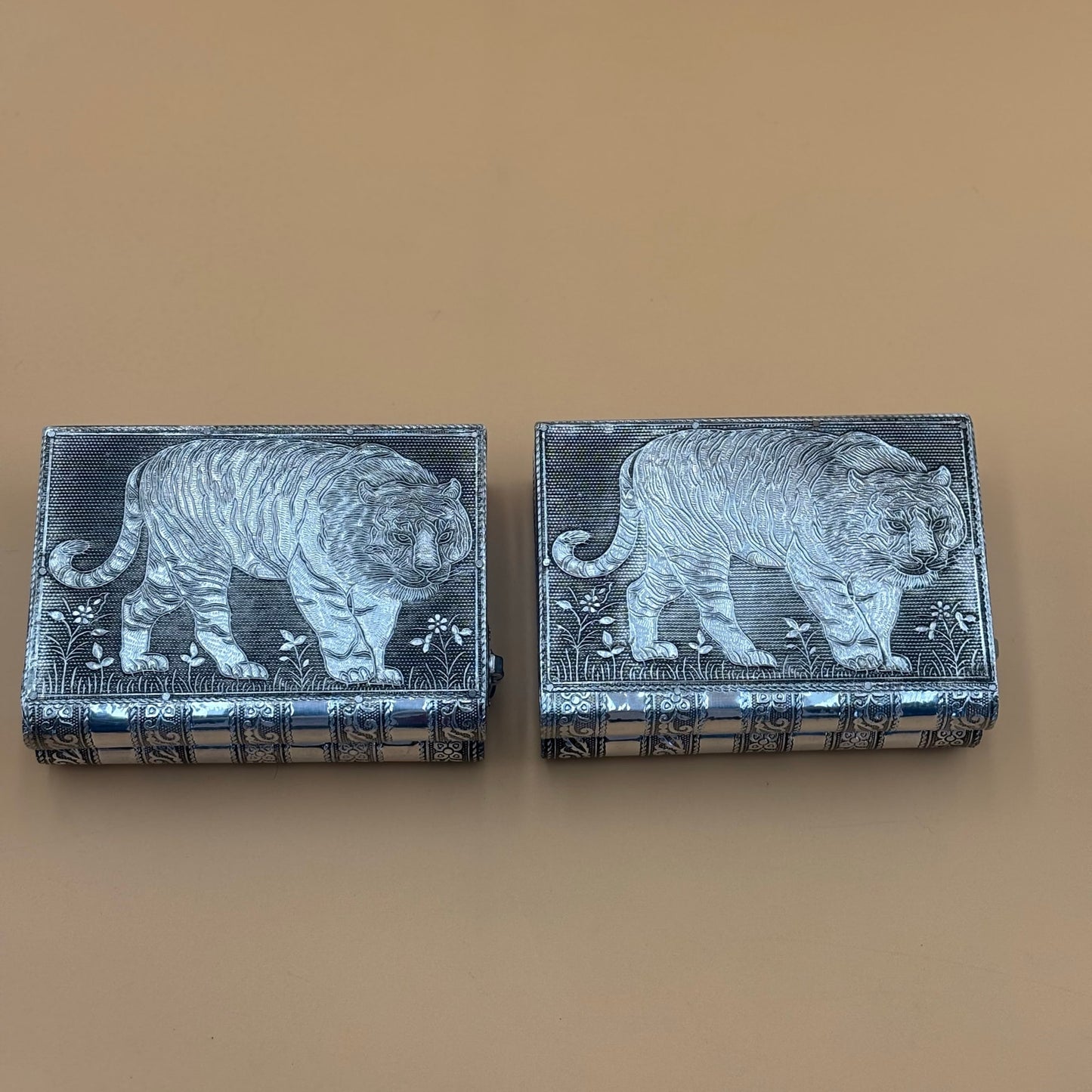 Pair of Handcrafted Indian Tiger Jewelry Boxes with Purple Velvet Interior