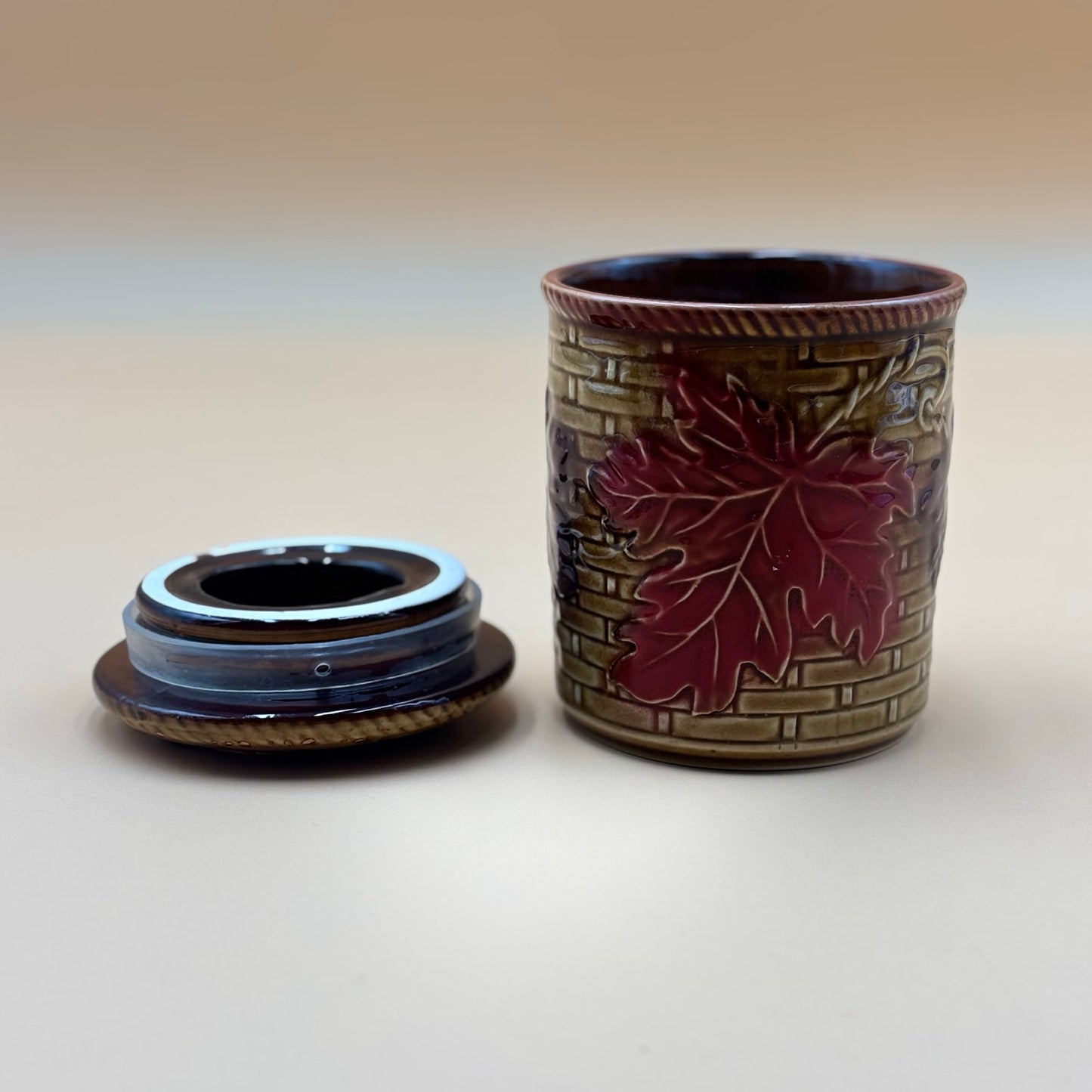 Vintage Embossed Ceramic Canister with Grapevine Design – Brown & Burgundy
