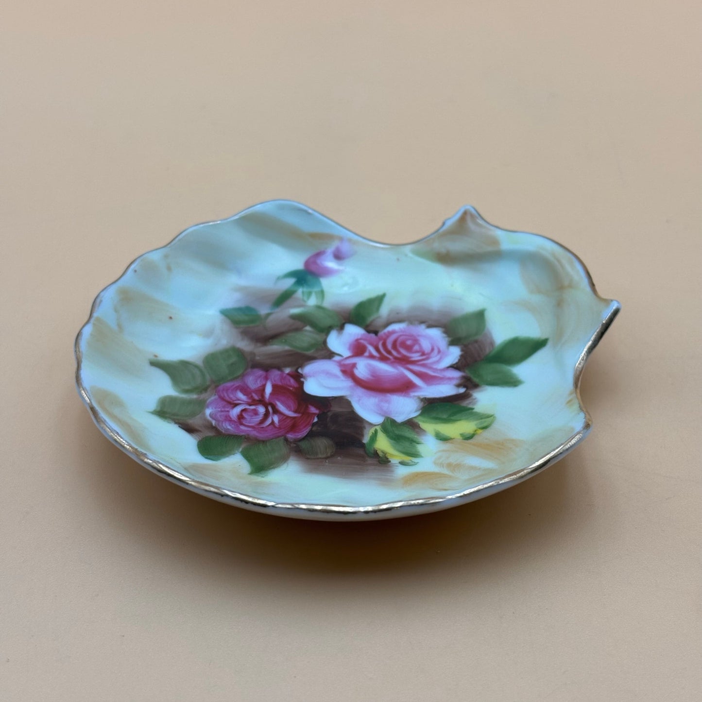 Hand-Painted Vintage Pink Rose Porcelain Shell Dish