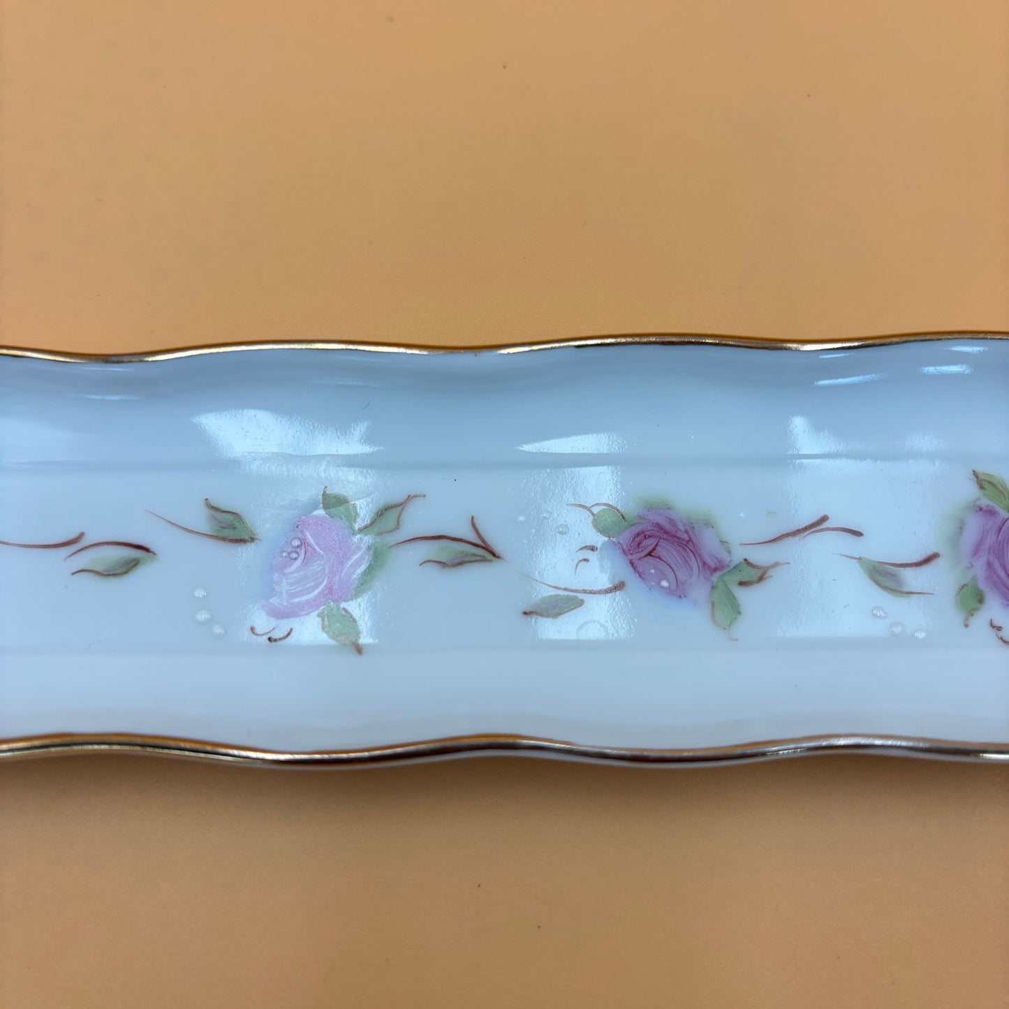 Vintage Hand Painted Porcelain Tray with Pink Roses and Gold Trim