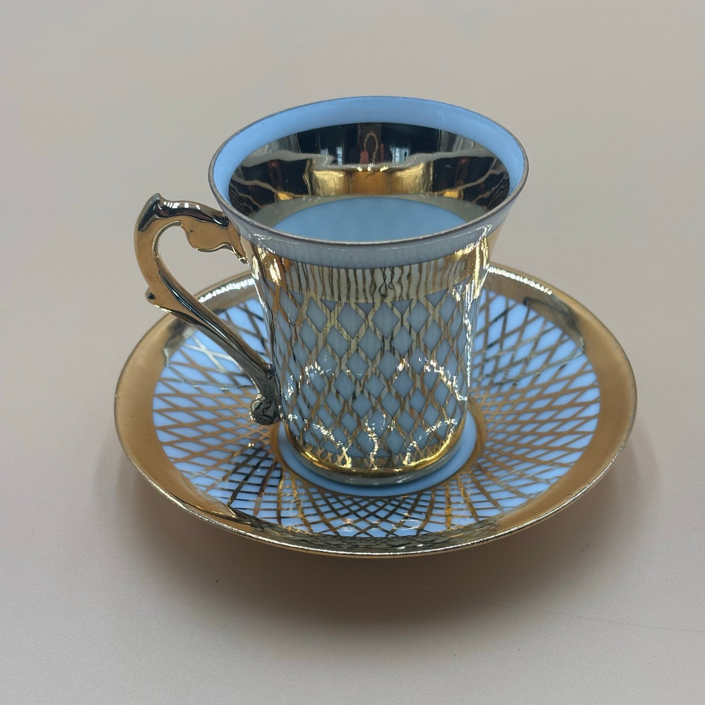 Vintage Gold Lattice Demitasse Cup & Saucer – Signed, Unknown Maker