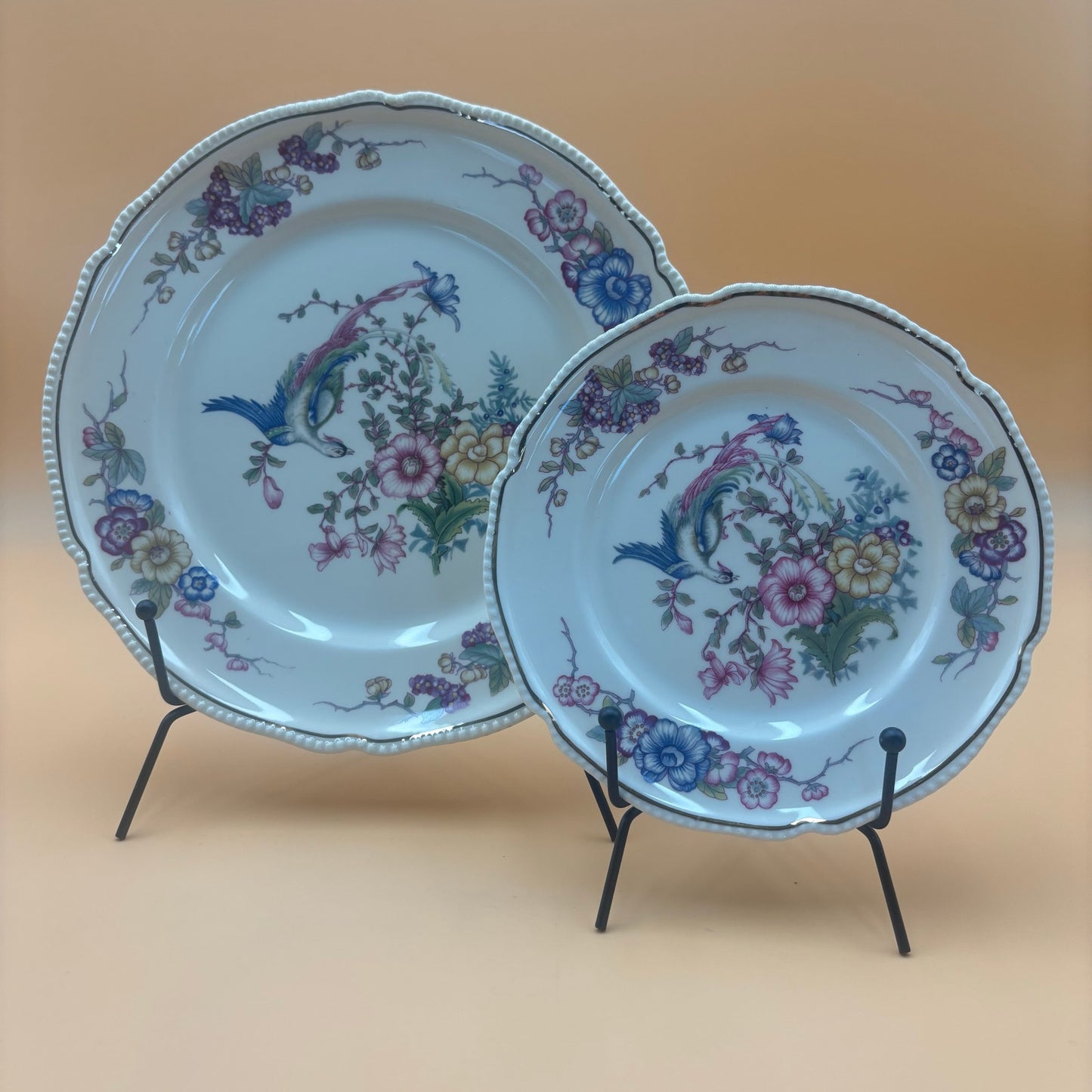 Rosenthal Continental Phoenix Plates – 1 Dinner (9¼″) + 6 Salad (6¼″) – Bird & Floral with Beaded Rim