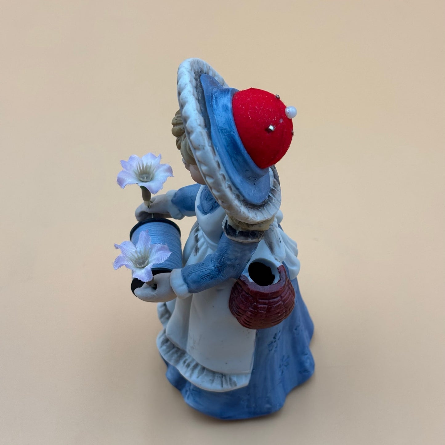 Porcelain Vintage Sewing Girl Figurine with Thread and Pin Cushion Hat