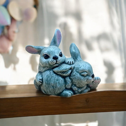 Vintage Gray Ceramic Snuggly Bunny Figurine – Adorable Spring Décor