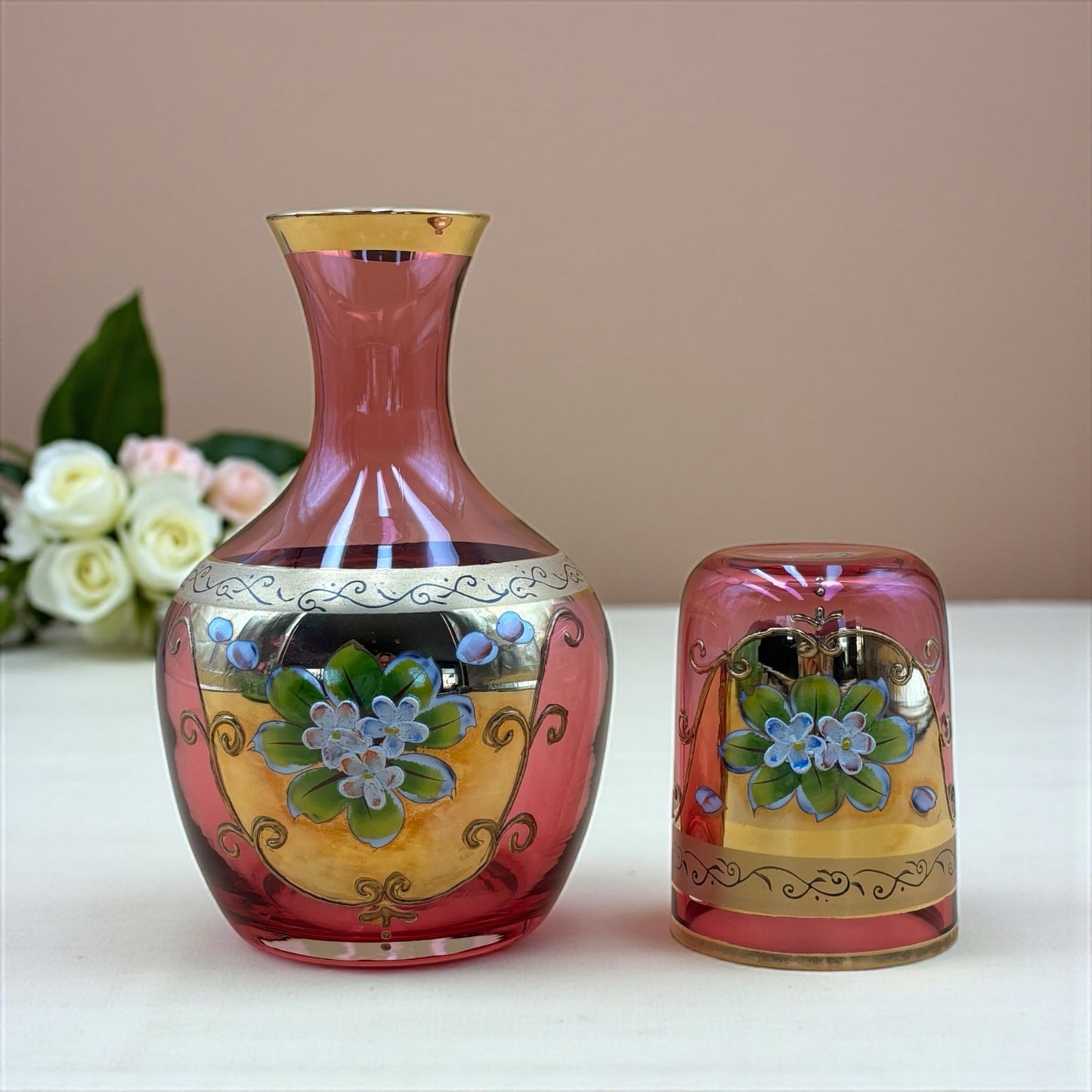 Hand Painted Pink Glass Tumble Up Decanter & Tumbler Set, A.A. Importing Co. Japan