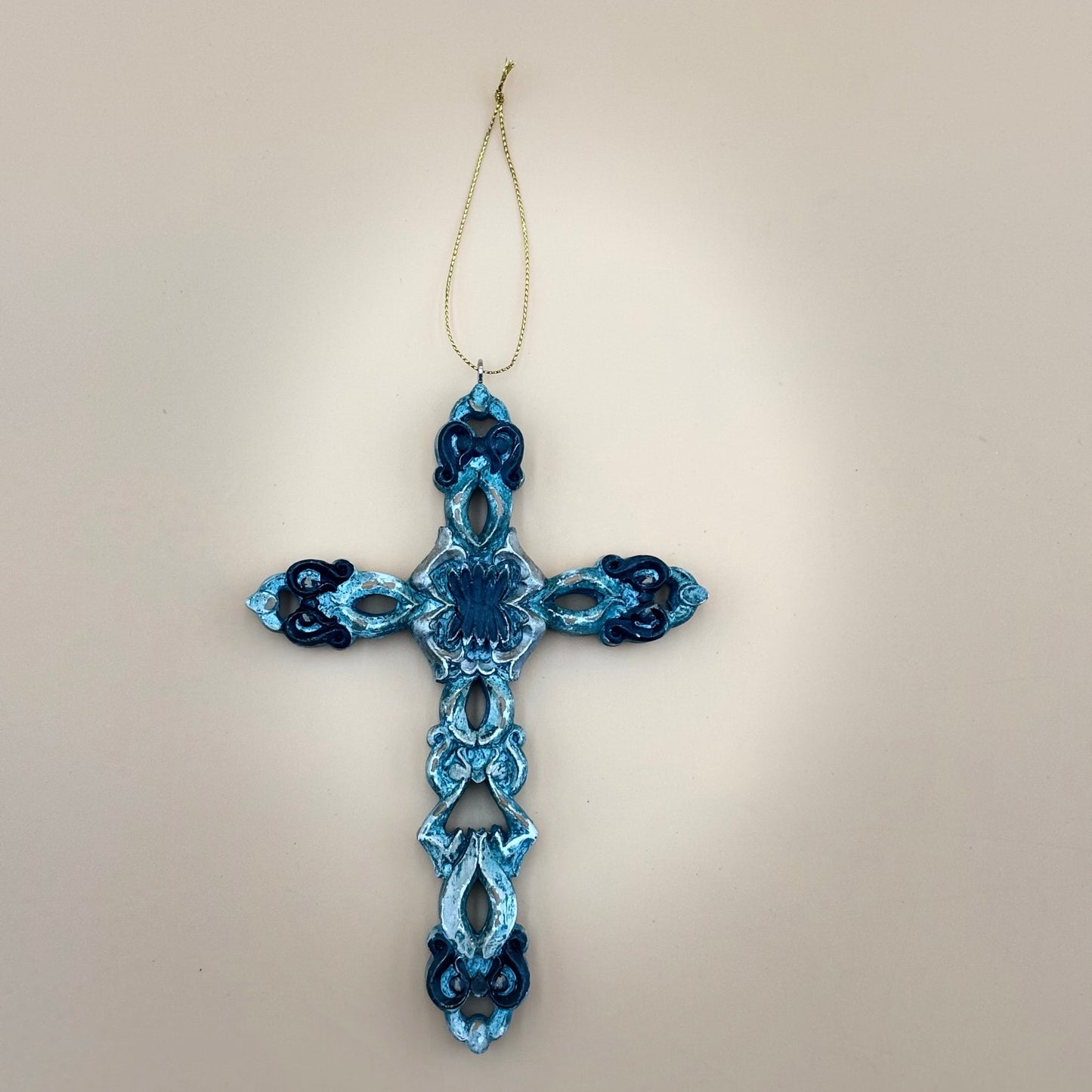 Set of Three 7″ Cross Ornaments — Turquoise, Silver, and Brown Tones
