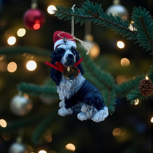 Black & White Spaniel Dog Ornament with Santa Hat