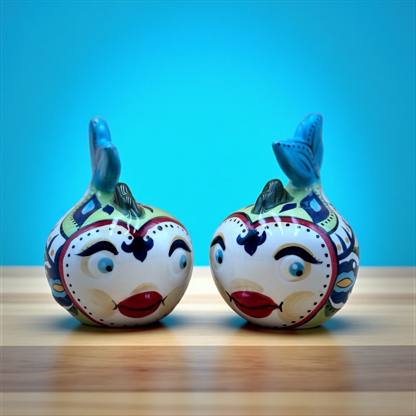 Kissing Fish Salt & Pepper Shakers — Retro Ceramic Pair with Painted Eyelashes