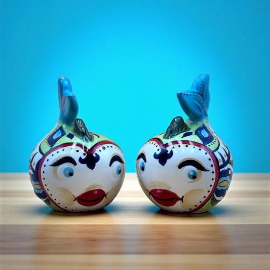 Kissing Fish Salt & Pepper Shakers — Retro Ceramic Pair with Painted Eyelashes