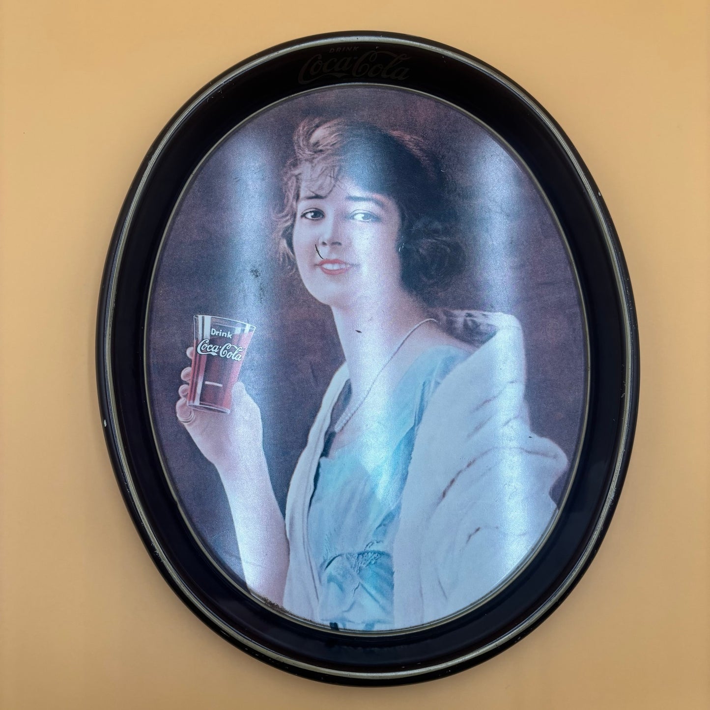 Vintage Coca-Cola Tray – Woman Holding Glass – 15” Oval Metal