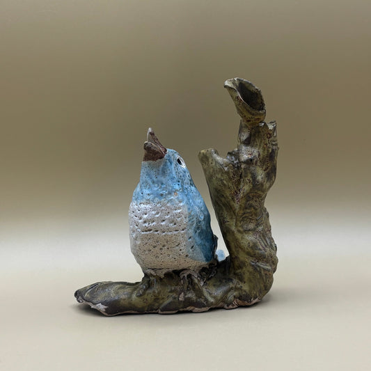 VTG Ceramic Blue Bird Sculpture On Drift Wood