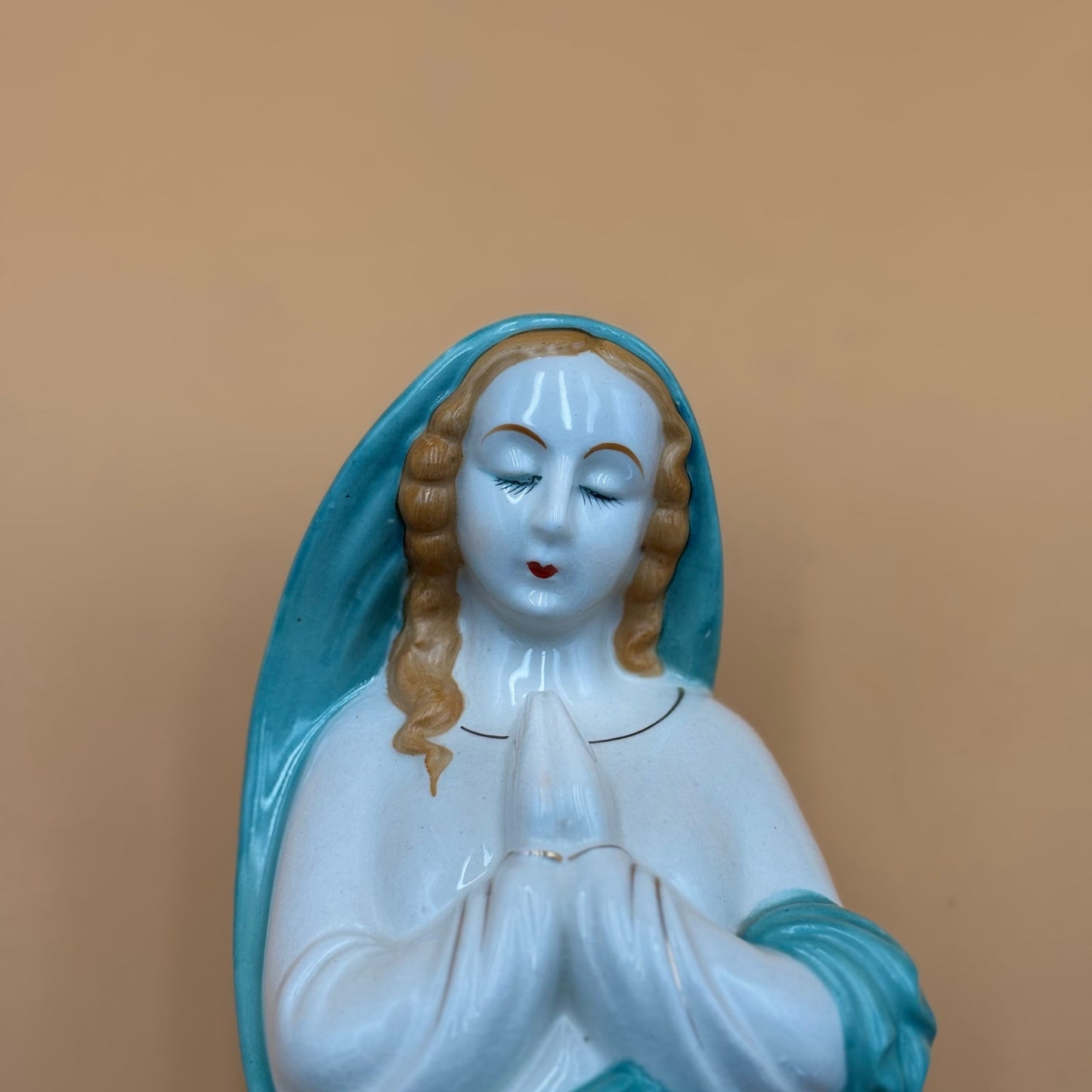 Hand Decorated Japan Virgin Mary Planter — Turquoise & White Ceramic