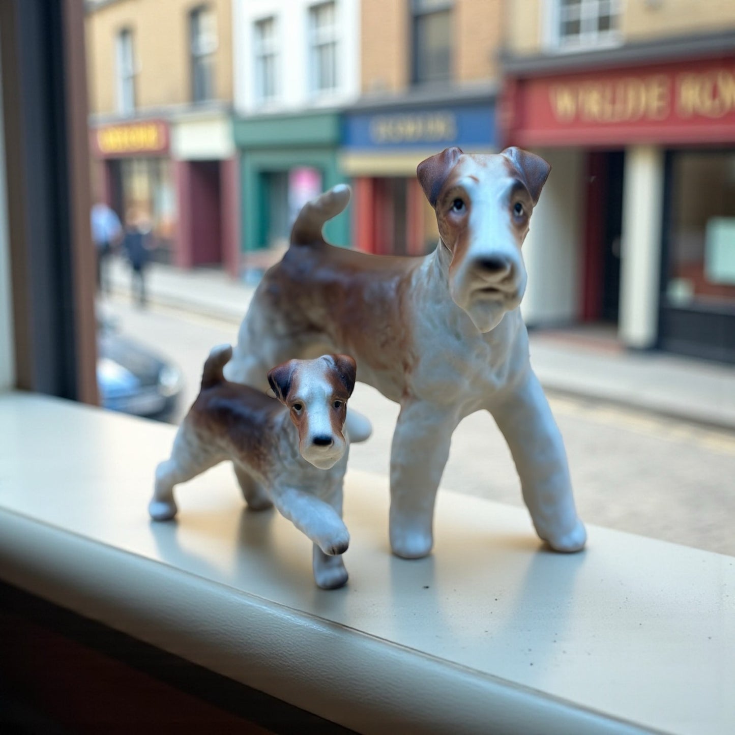 Vintage Lifelike Playful Porcelain Wire Fox Terrier Dog Figurines Set
