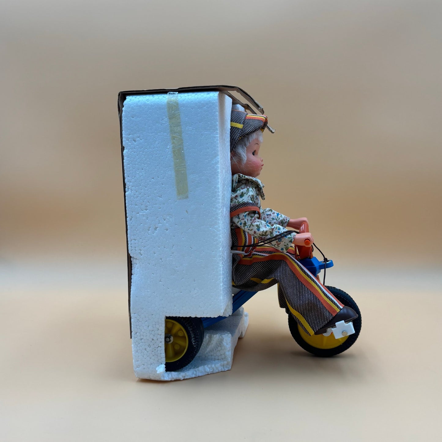 Vintage 1978 Playmates Pull Toy – Tricycle Doll with Striped Overalls