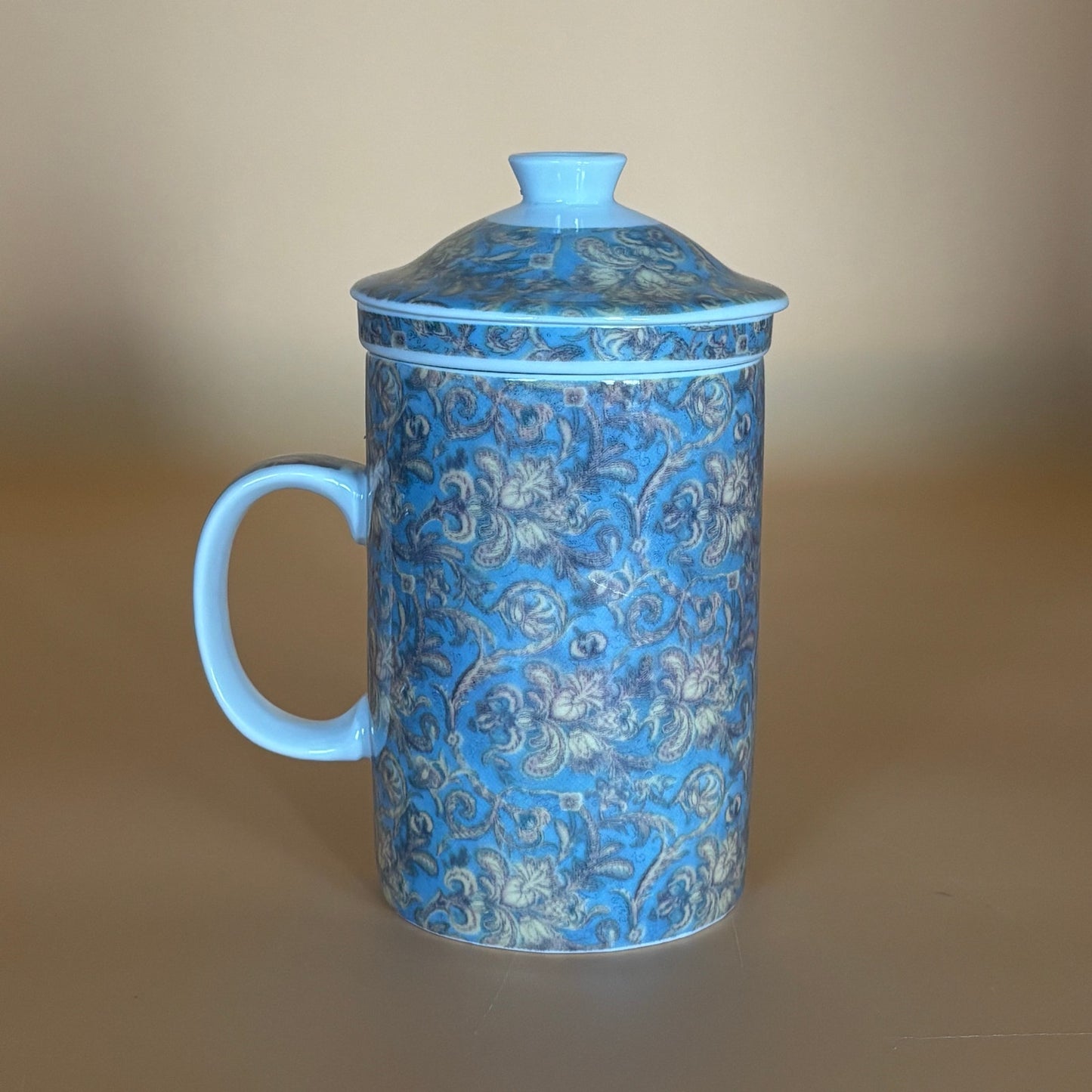 World Market Porcelain Tea Mug with Lid & Infuser – Blue & Gold Floral Damask