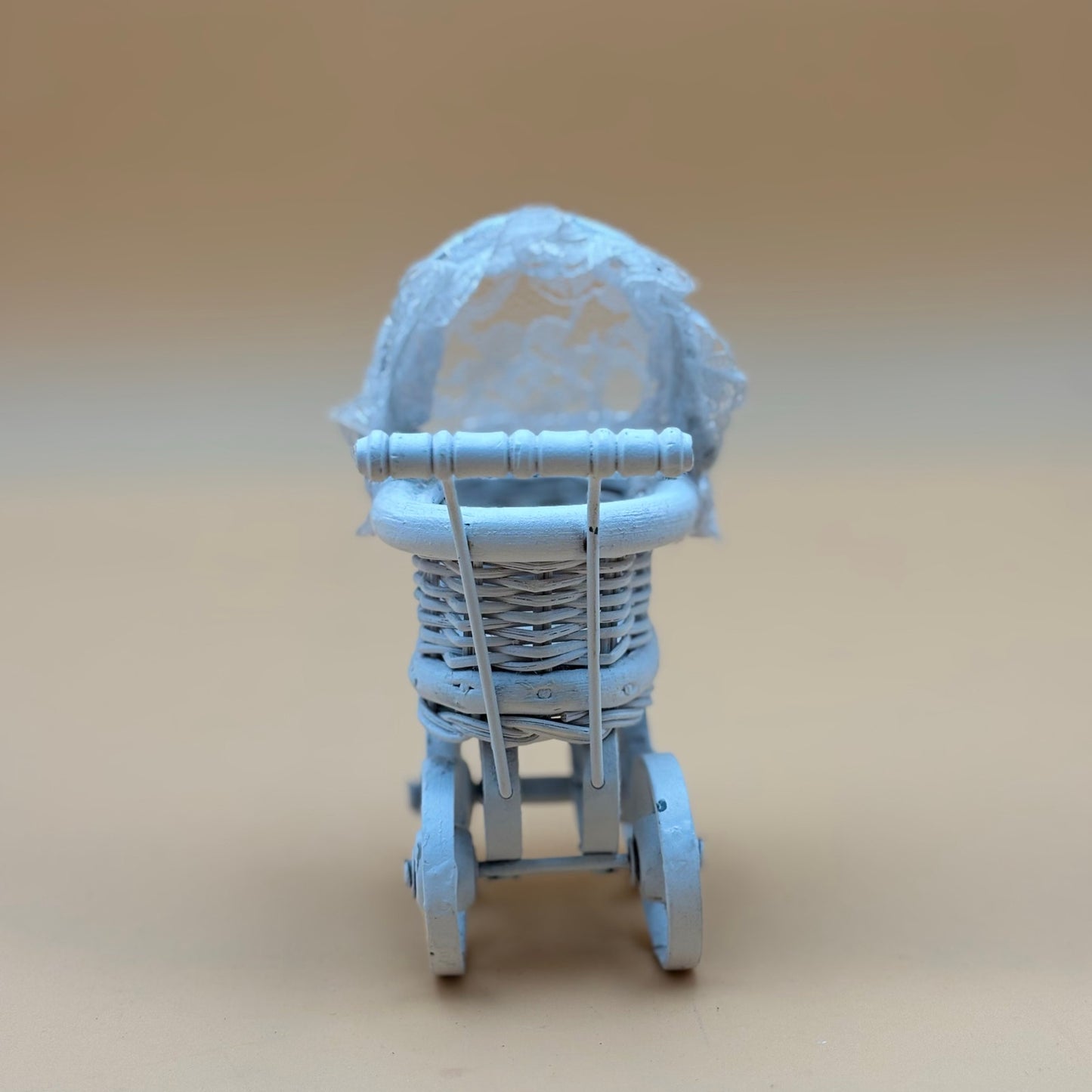 Miniature White Wicker Doll Buggy with Lace Canopy